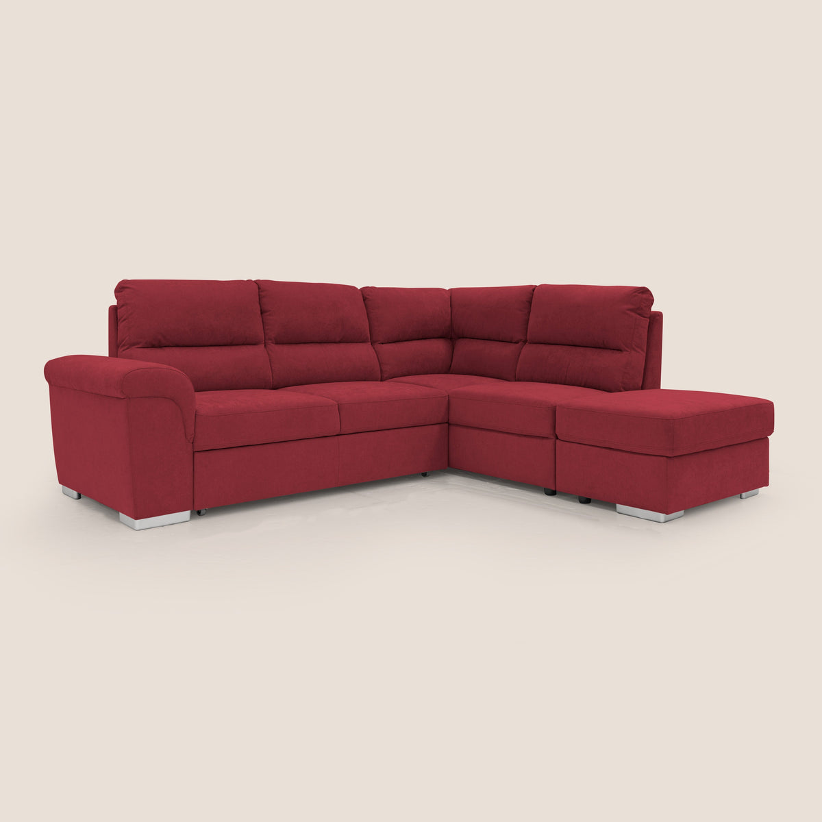 Minerva divano angolare con estraibile a cassettone e pouf contenitore in tessuto morbido impermeabile T02 rosso - divitt.sbs