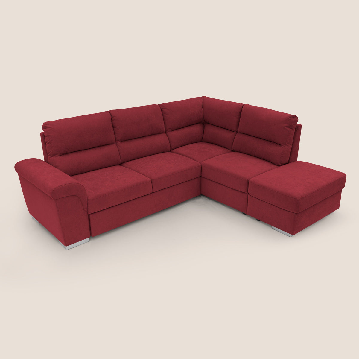 Minerva divano angolare con estraibile a cassettone e pouf contenitore in tessuto morbido impermeabile T02 rosso - divitt.sbs