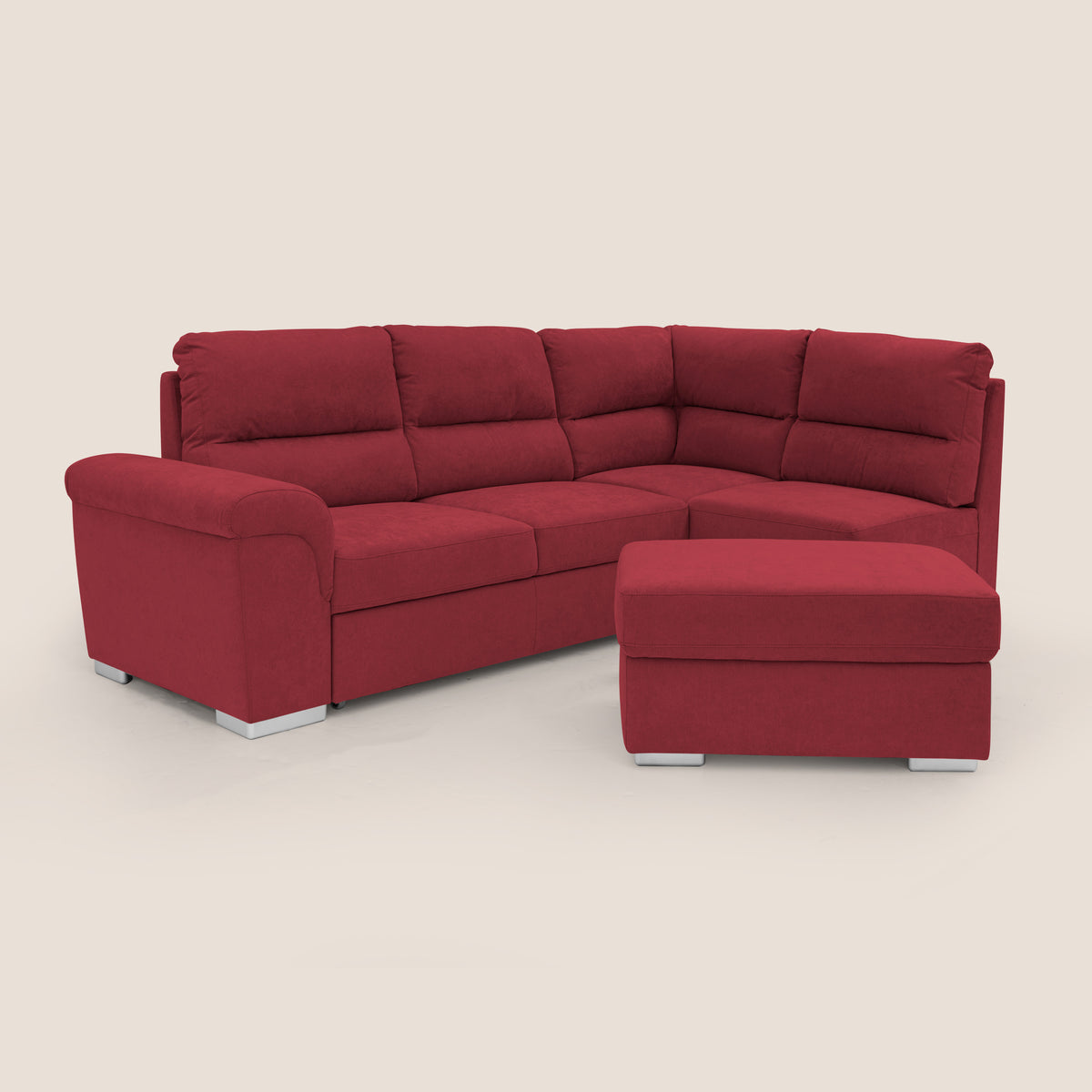 Minerva divano angolare con estraibile a cassettone e pouf contenitore in tessuto morbido impermeabile T02 rosso - divitt.sbs