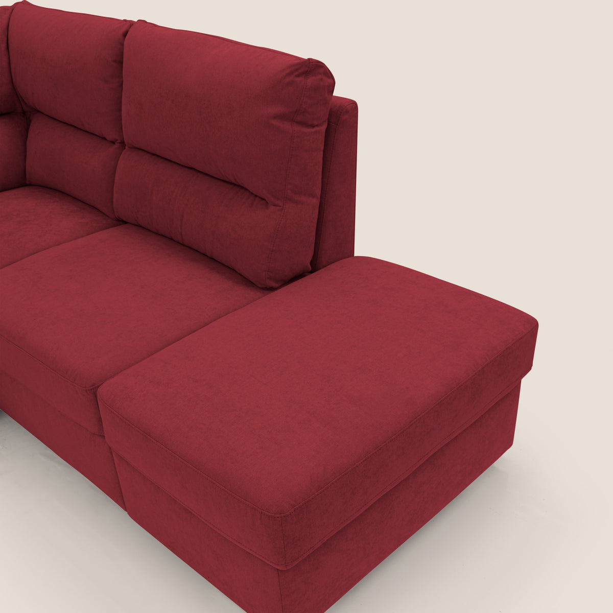Minerva divano angolare con estraibile a cassettone e pouf contenitore in tessuto morbido impermeabile T02 rosso - divitt.sbs