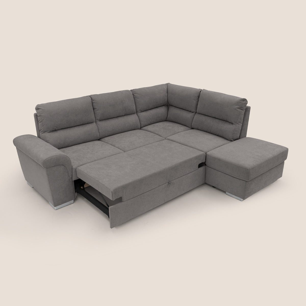 Minerva divano angolare con estraibile a cassettone e pouf contenitore in tessuto morbido impermeabile T02 grigio - divitt.sbs