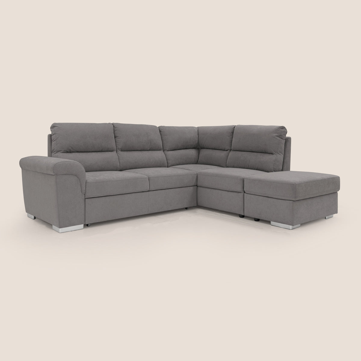 Minerva divano angolare con estraibile a cassettone e pouf contenitore in tessuto morbido impermeabile T02 grigio - divitt.sbs