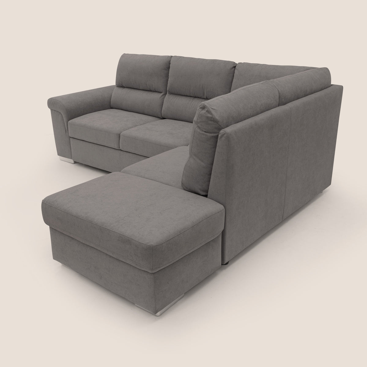 Minerva divano angolare con estraibile a cassettone e pouf contenitore in tessuto morbido impermeabile T02 grigio - divitt.sbs