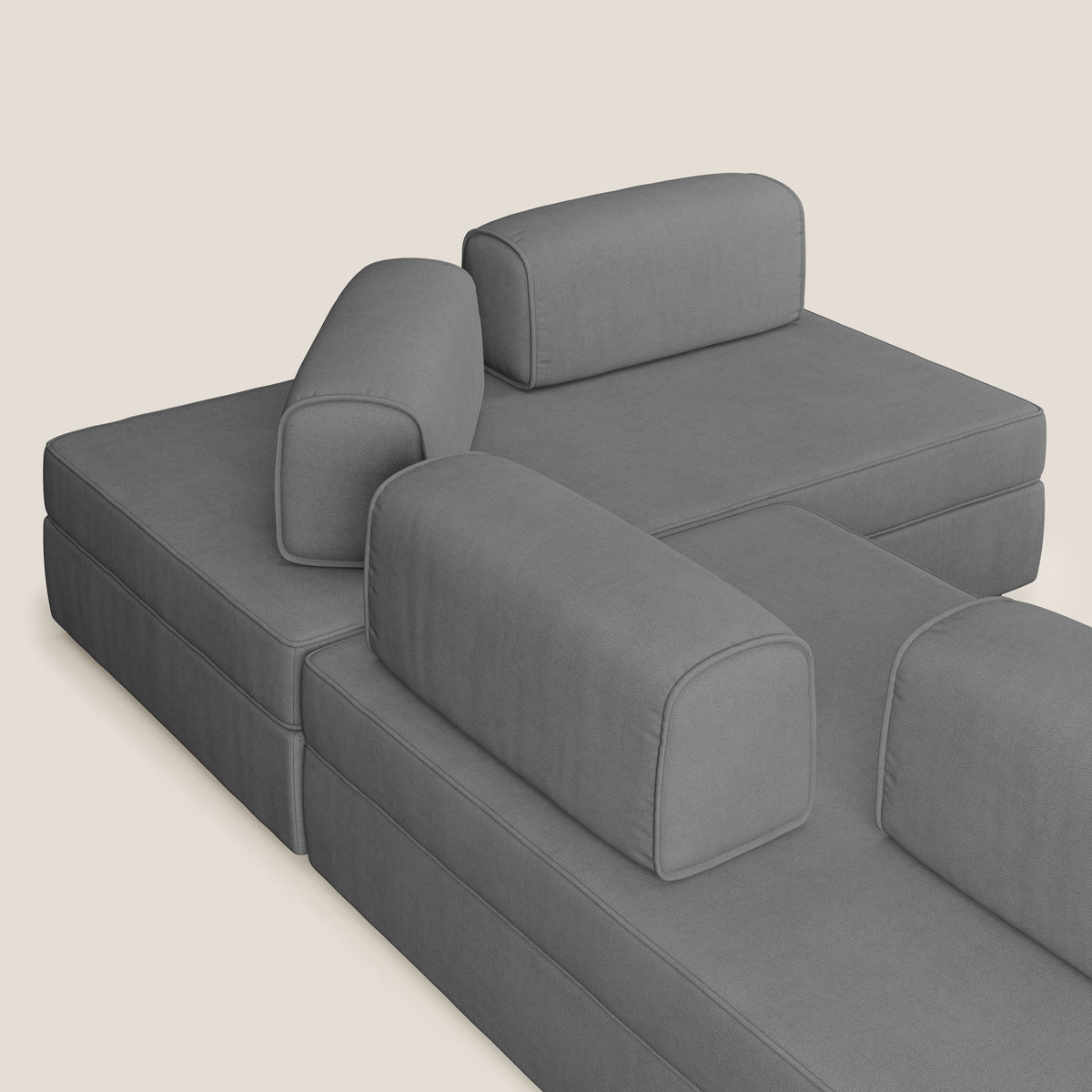 Liberty divano angolare con pouf estraibile e schienali movibili in tessuto morbido impermeabile T02 grigio - divitt.sbs