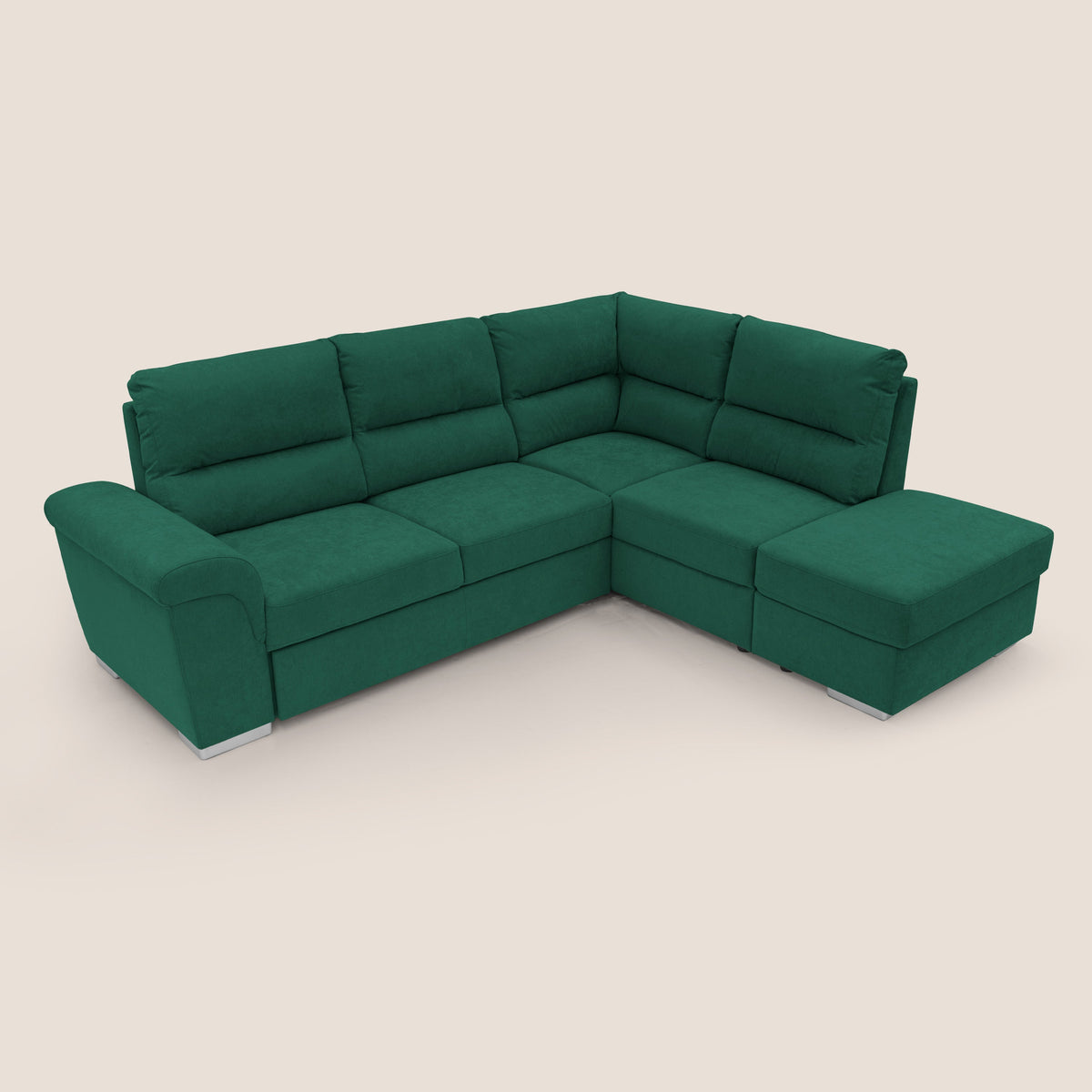 Minerva divano angolare con estraibile a cassettone e pouf contenitore in tessuto morbido impermeabile T02 verde - divitt.sbs