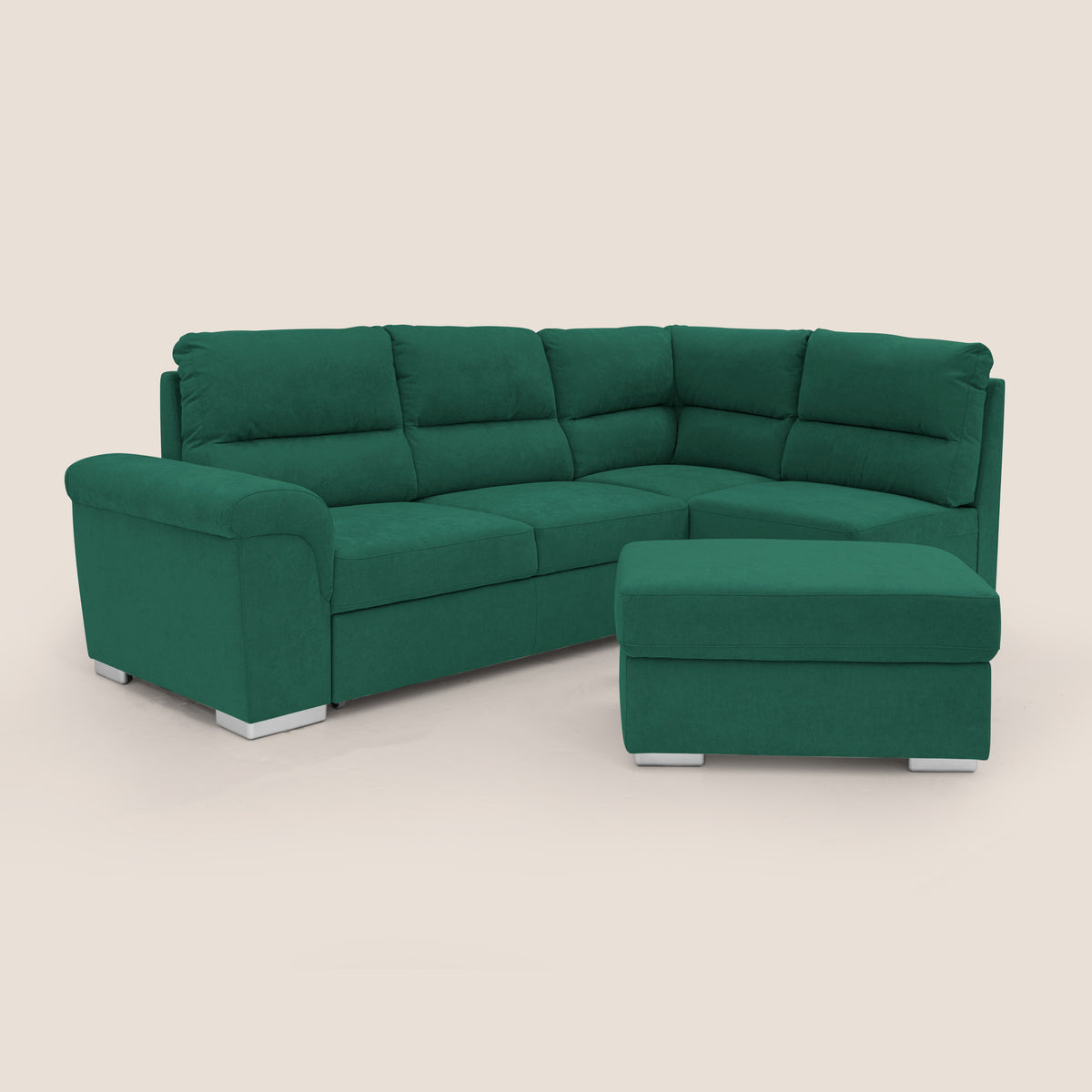 Minerva divano angolare con estraibile a cassettone e pouf contenitore in tessuto morbido impermeabile T02 verde - divitt.sbs