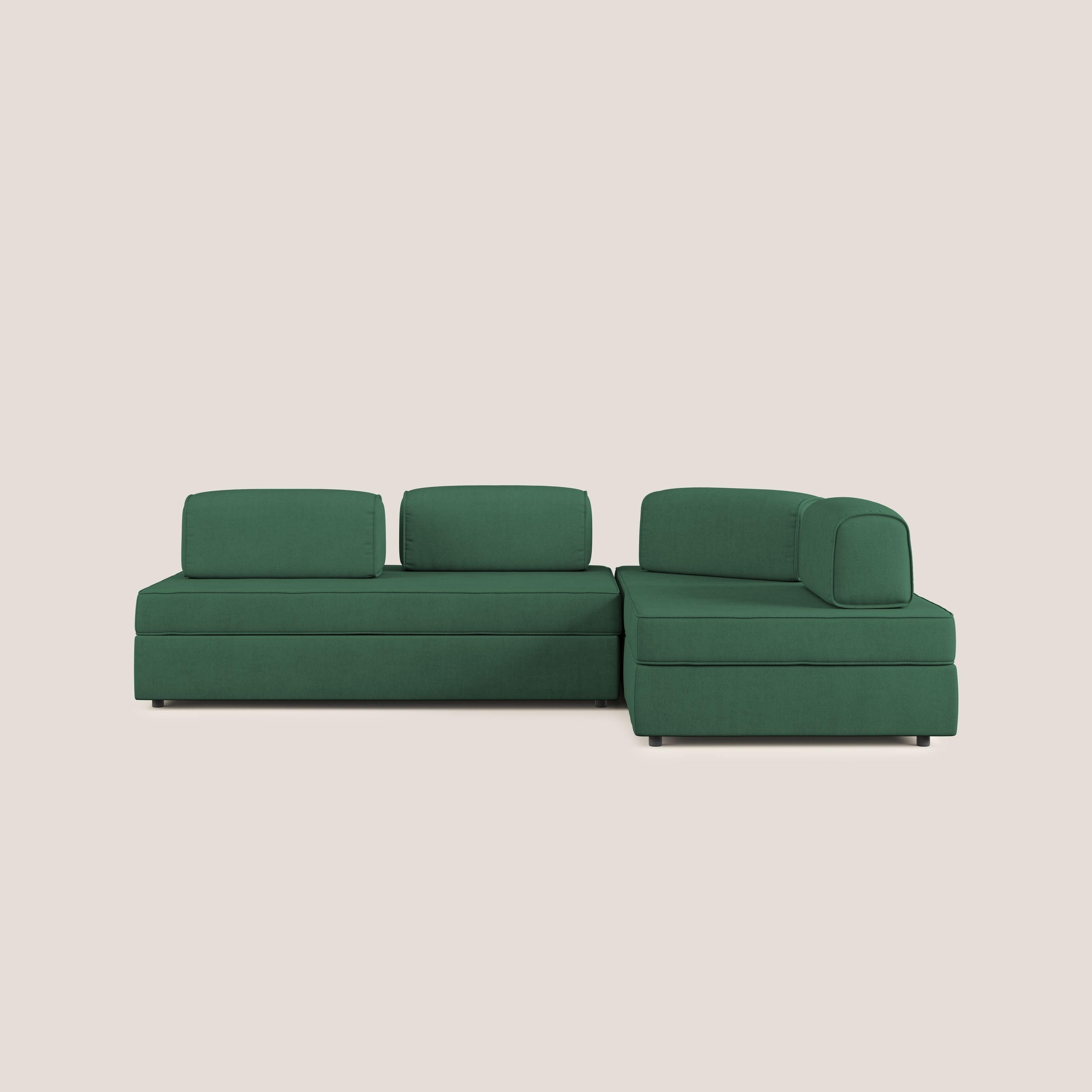 Liberty divano angolare con pouf estraibile e schienali movibili in tessuto morbido impermeabile T02 verde - divitt.sbs