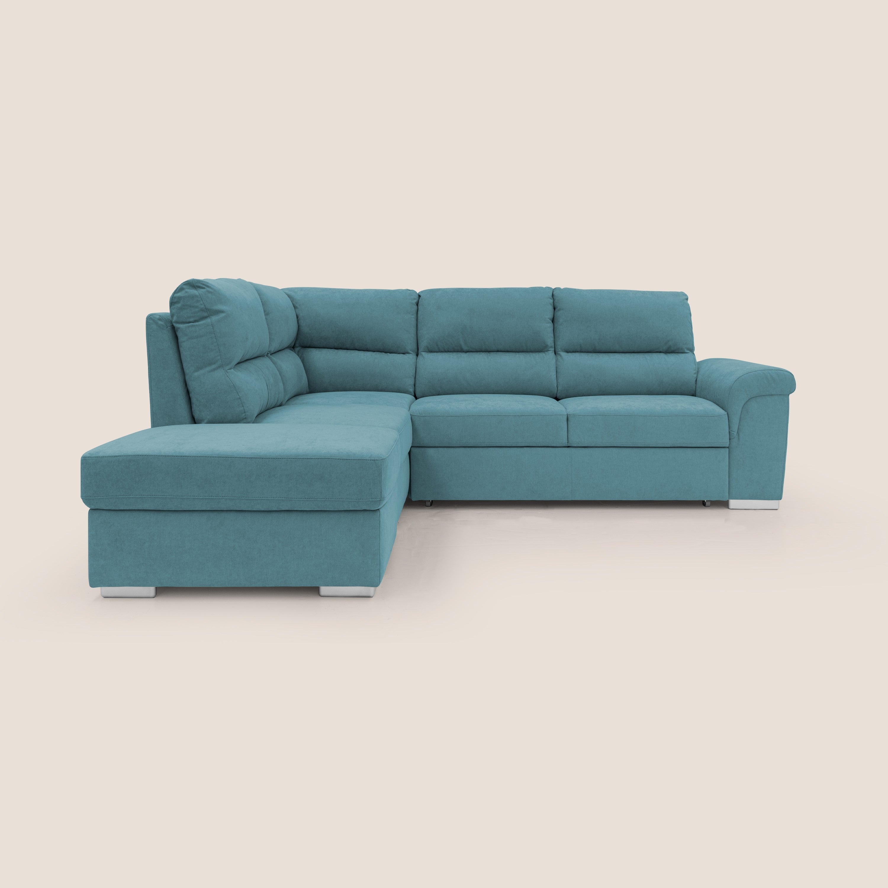 Minerva divano angolare con estraibile a cassettone e pouf contenitore in tessuto morbido impermeabile T02 azzurro - divitt.sbs