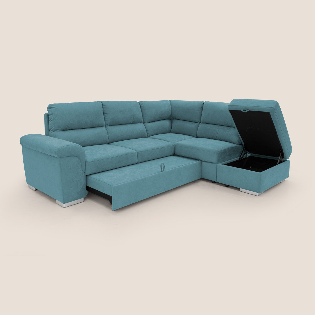 Minerva divano angolare con estraibile a cassettone e pouf contenitore in tessuto morbido impermeabile T02 azzurro - divitt.sbs