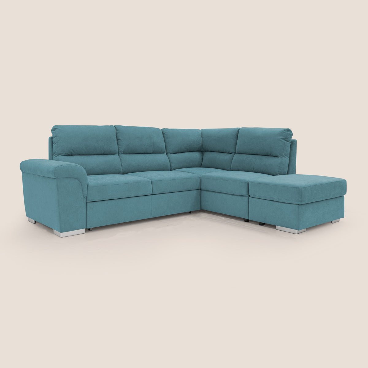 Minerva divano angolare con estraibile a cassettone e pouf contenitore in tessuto morbido impermeabile T02 azzurro - divitt.sbs
