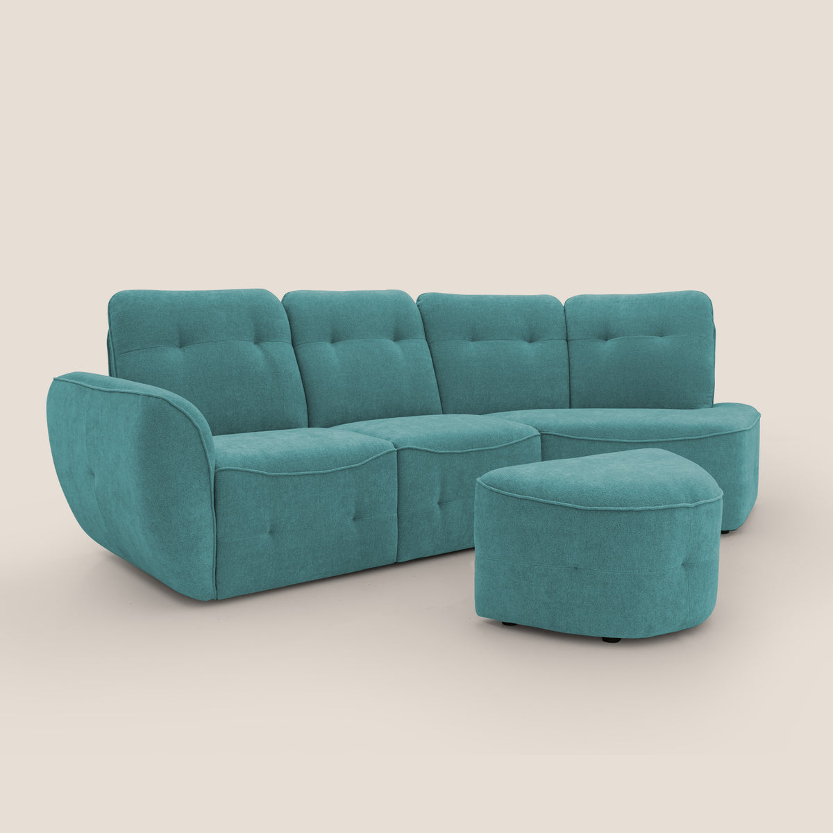 Cerbero divano angolare con pouf mobile in morbido bouclé impermeabile T07 azzurro - divitt.sbs