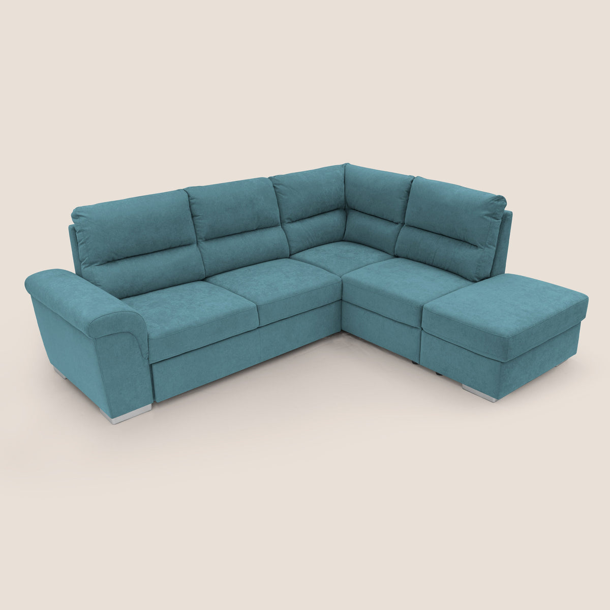 Minerva divano angolare con estraibile a cassettone e pouf contenitore in tessuto morbido impermeabile T02 azzurro - divitt.sbs
