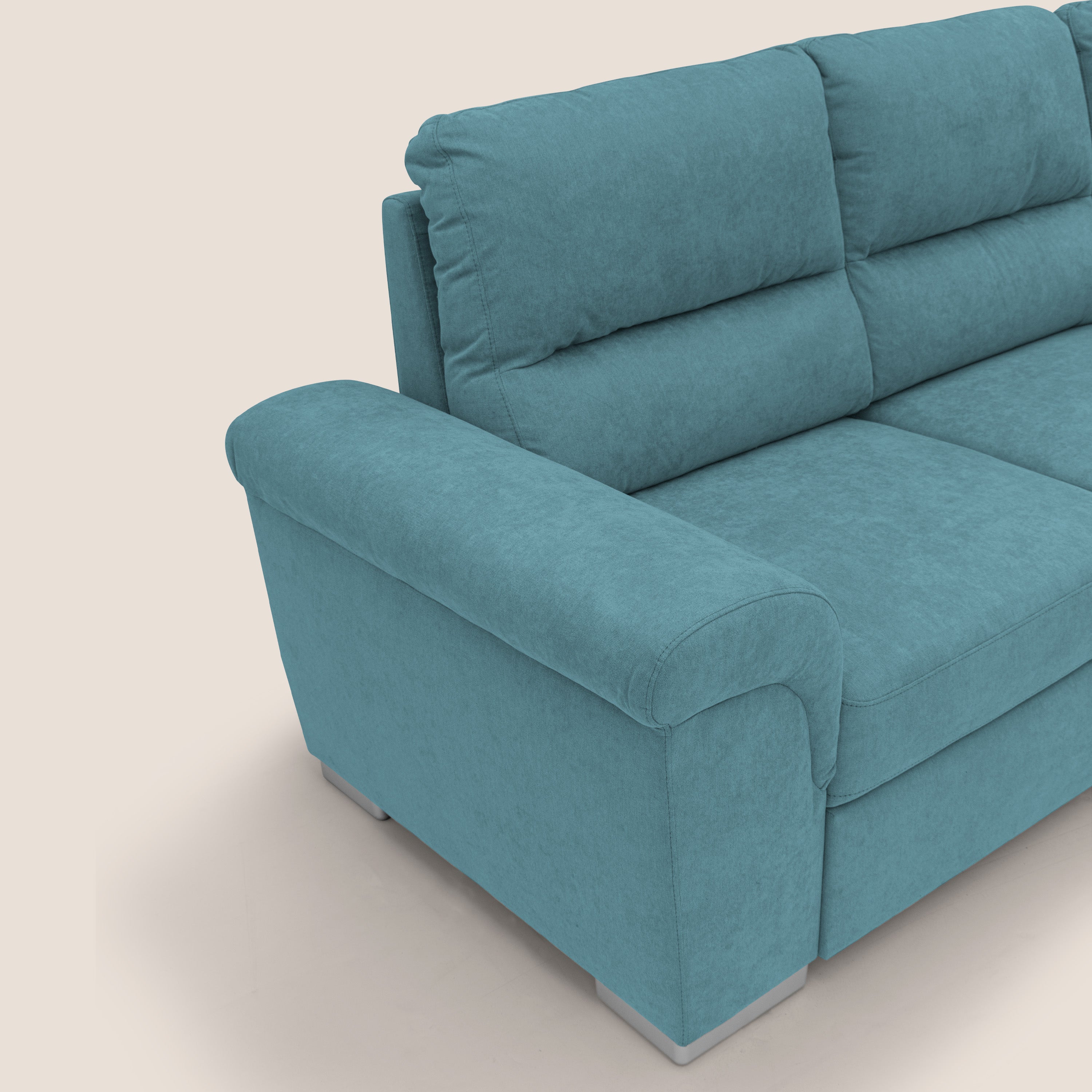 Minerva divano angolare con estraibile a cassettone e pouf contenitore in tessuto morbido impermeabile T02 azzurro - divitt.sbs