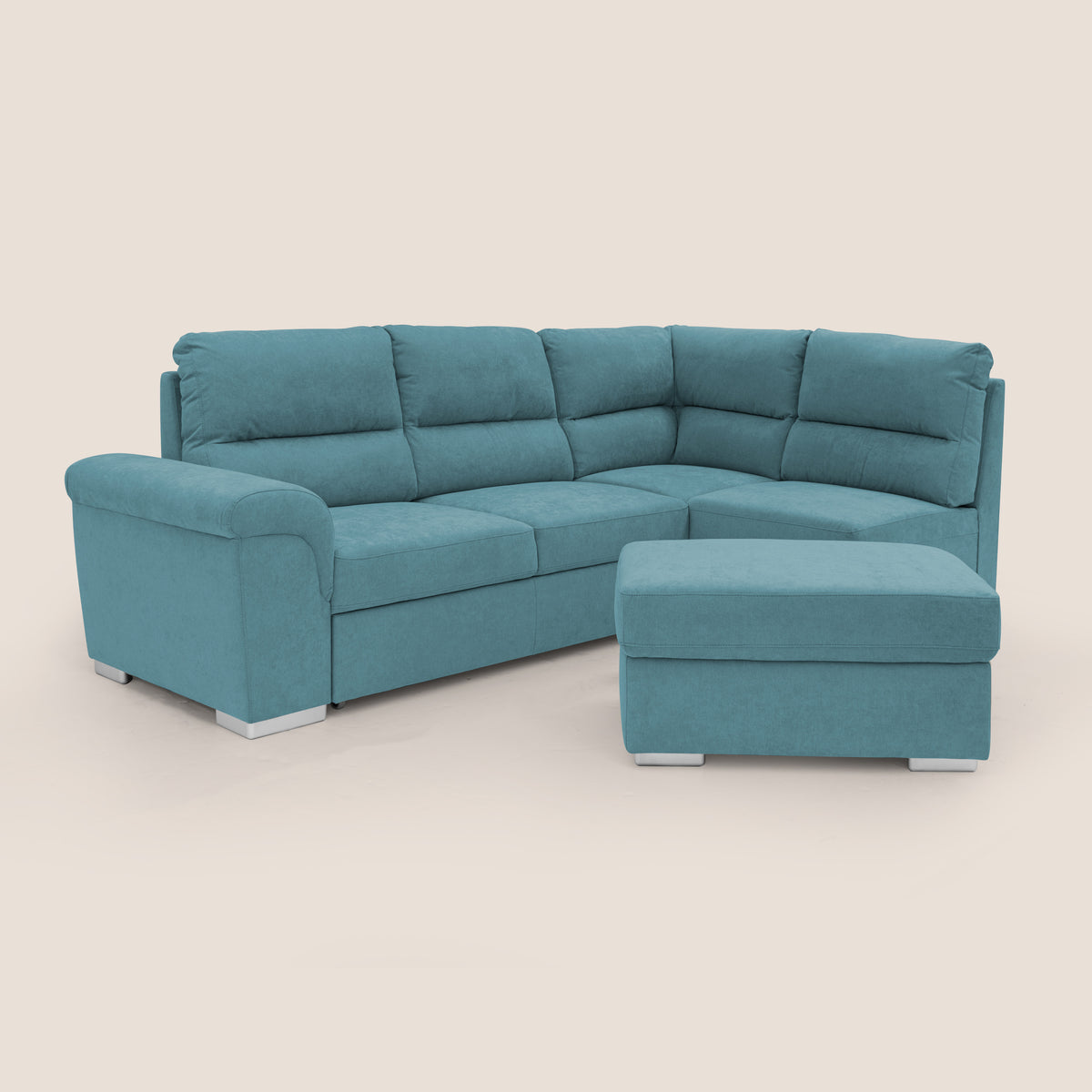 Minerva divano angolare con estraibile a cassettone e pouf contenitore in tessuto morbido impermeabile T02 azzurro - divitt.sbs