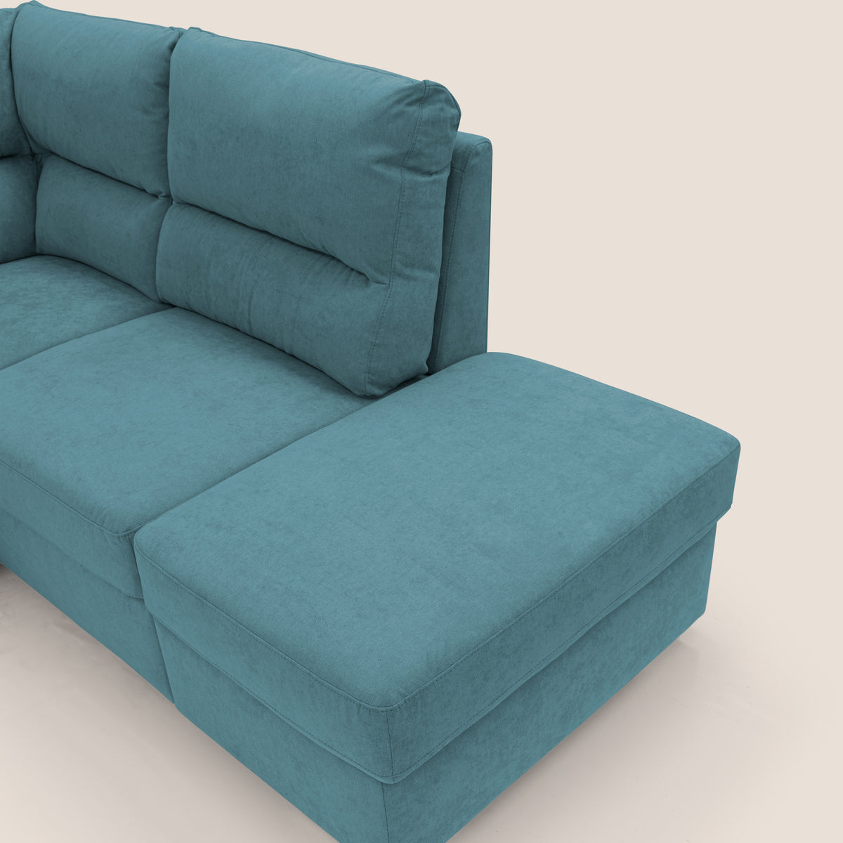 Minerva divano angolare con estraibile a cassettone e pouf contenitore in tessuto morbido impermeabile T02 azzurro - divitt.sbs