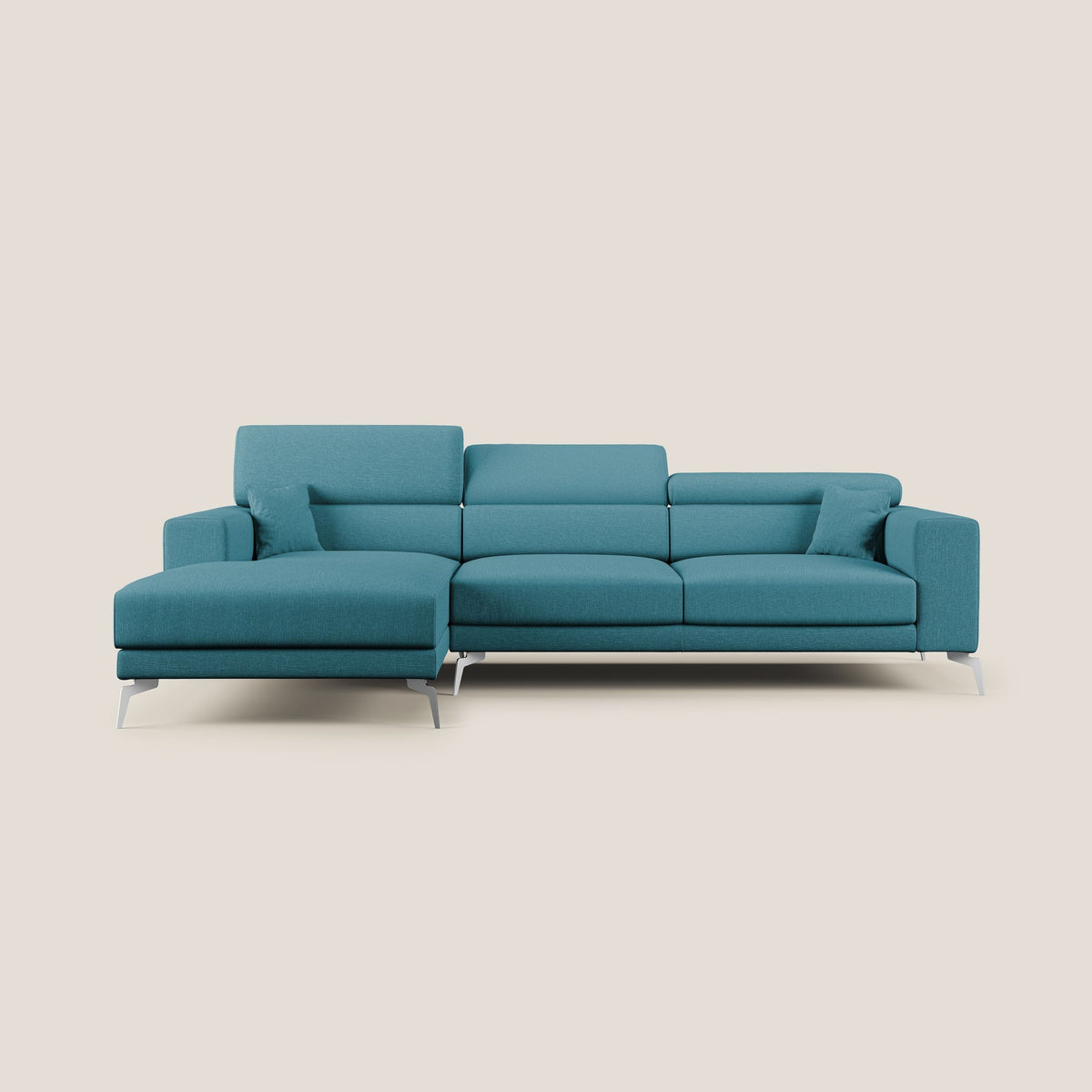 Blade Divano moderno angolare con poggiatesta reclinabili in tessuto impermeabile simil-cotone T13 azzurro - divitt.sbs