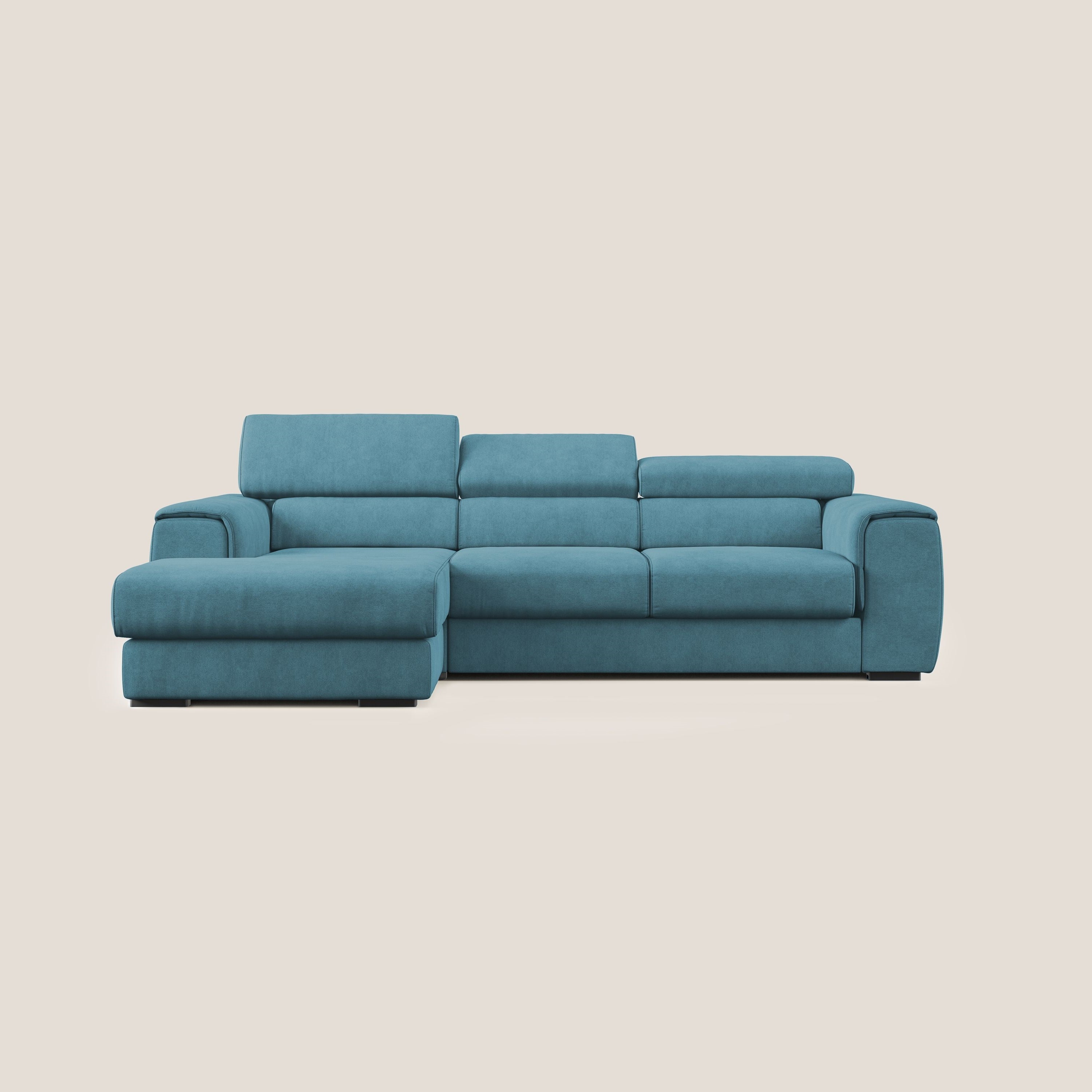 Zeno Divano angolare con pouf estraibile poggiapiedi in tessuto morbido impermeabile T02 azzurro - divitt.sbs