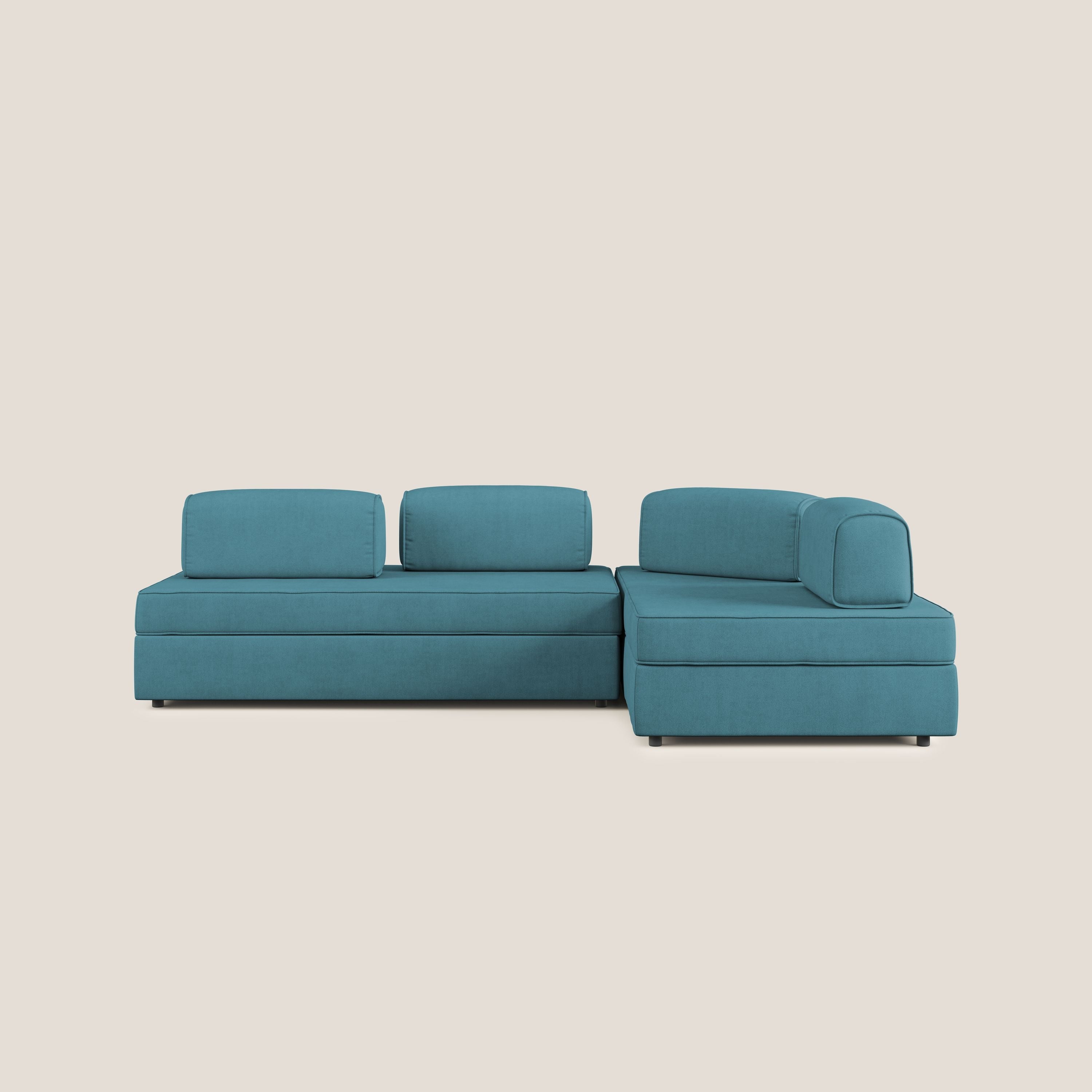 Liberty divano angolare con pouf estraibile e schienali movibili in tessuto morbido impermeabile T02 azzurro - divitt.sbs