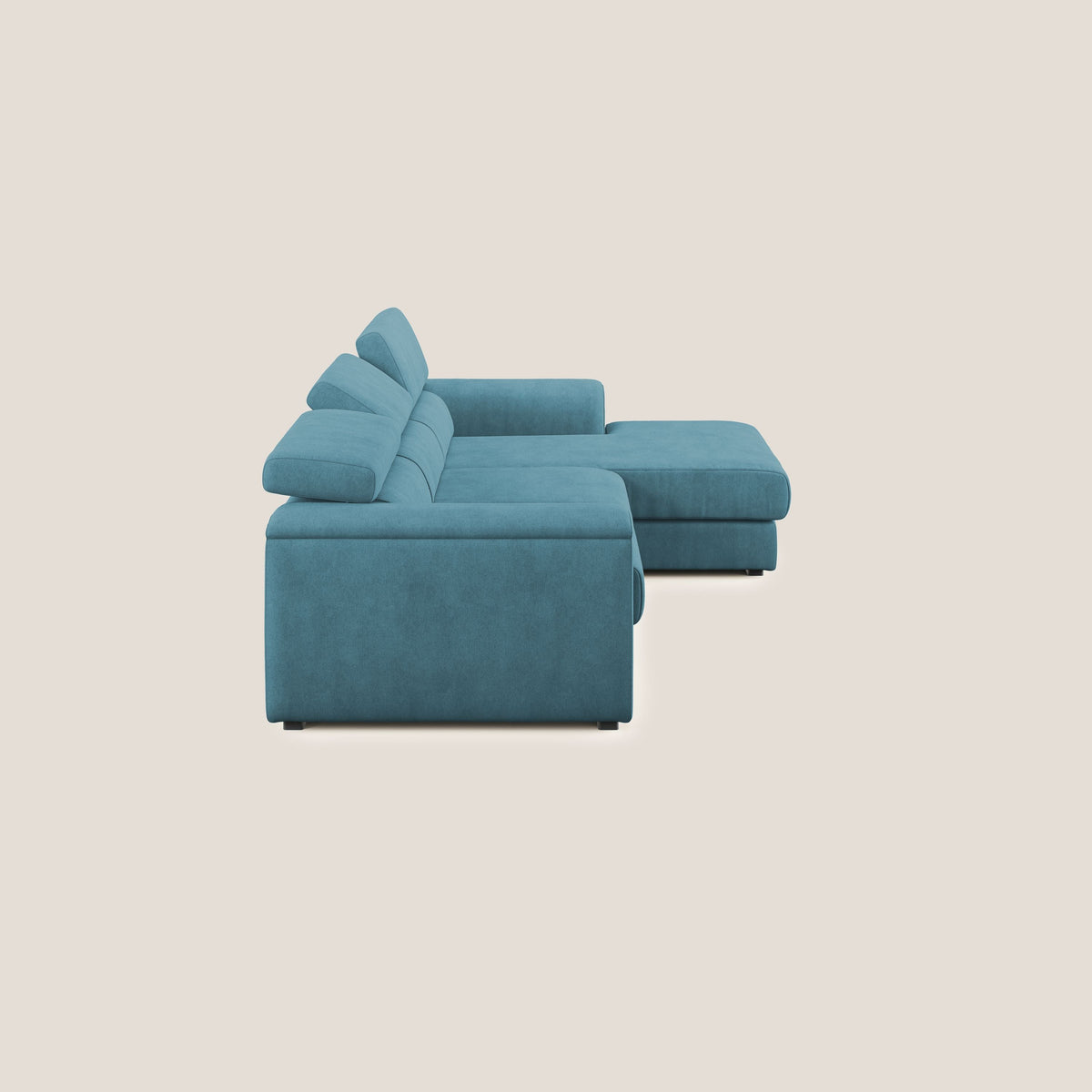 Zeno Divano angolare con pouf estraibile poggiapiedi in tessuto morbido impermeabile T02 azzurro - divitt.sbs