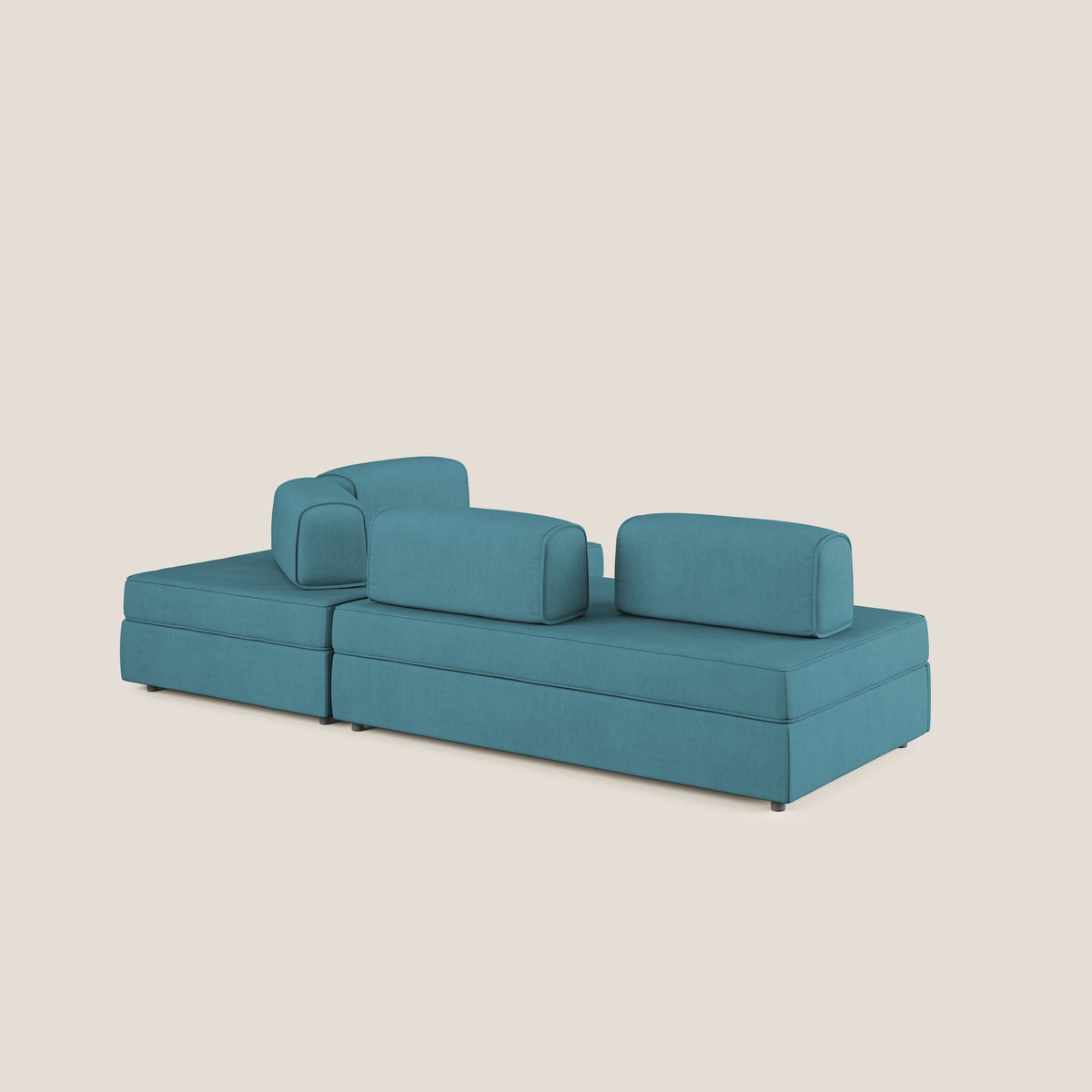 Liberty divano angolare con pouf estraibile e schienali movibili in tessuto morbido impermeabile T02 azzurro - divitt.sbs
