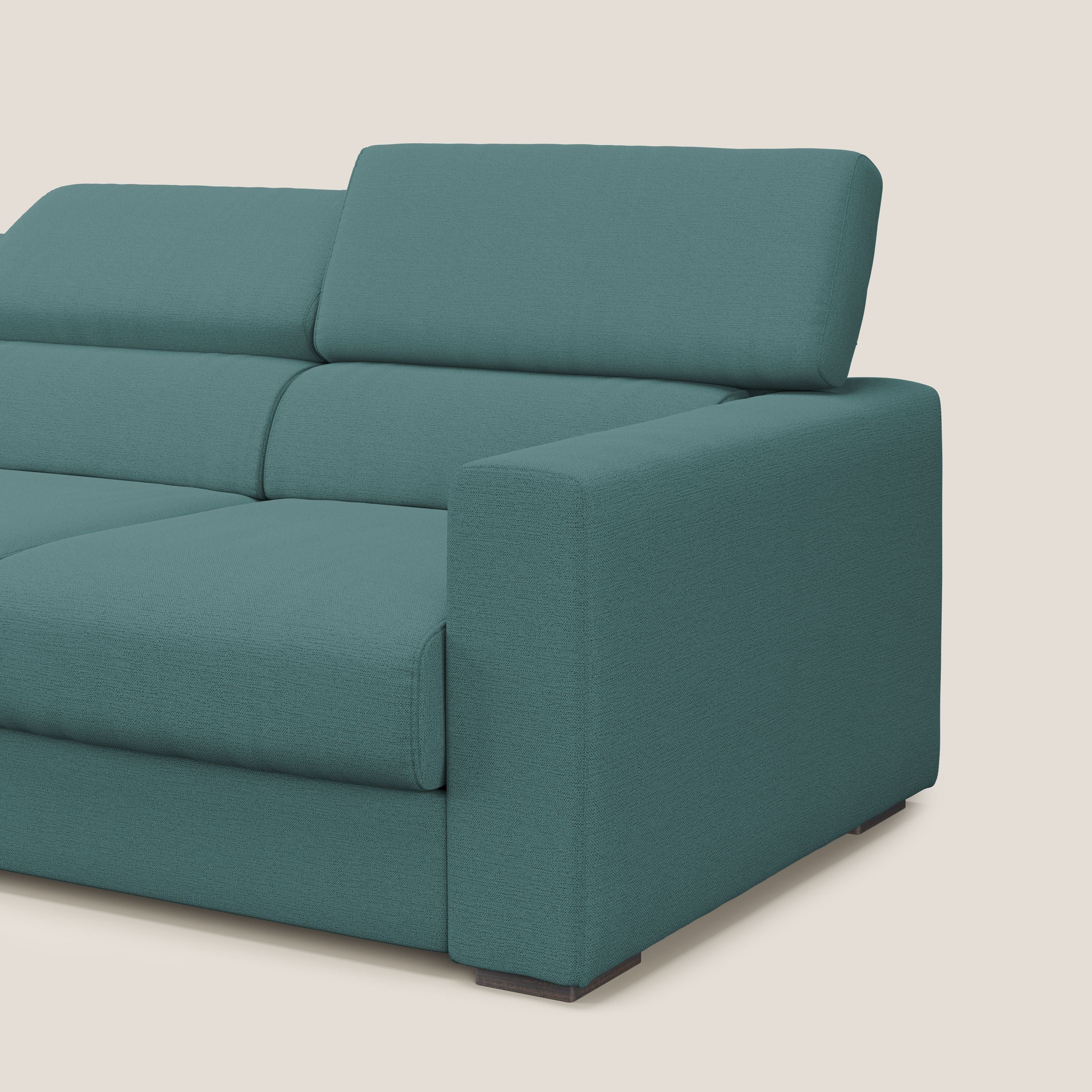 Dylan divano a 3 sedute con pouf estraibile poggiapiedi in tessuto fiammato simil cotone impermeabile T19 petrolio - divitt.sbs