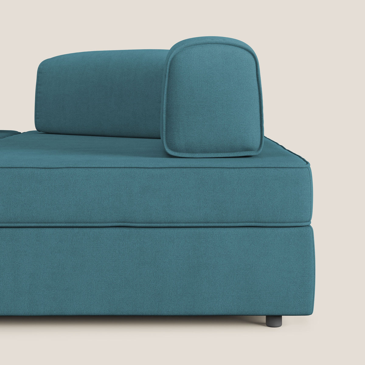 Liberty divano angolare con pouf estraibile e schienali movibili in tessuto morbido impermeabile T02 azzurro - divitt.sbs