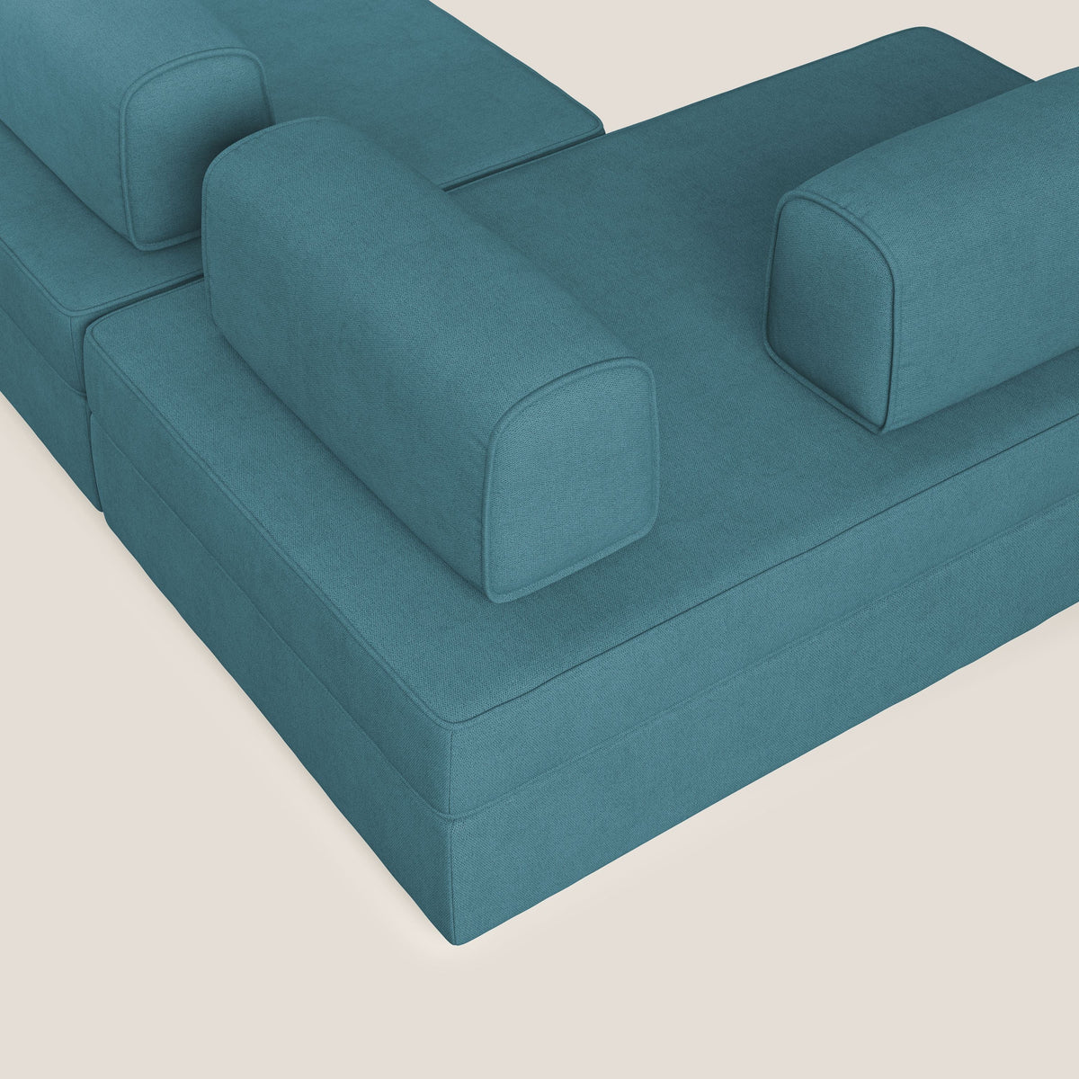 Liberty divano panoramico con pouf estraibile e schienali movibili in tessuto morbido impermeabile T02 azzurro - divitt.sbs