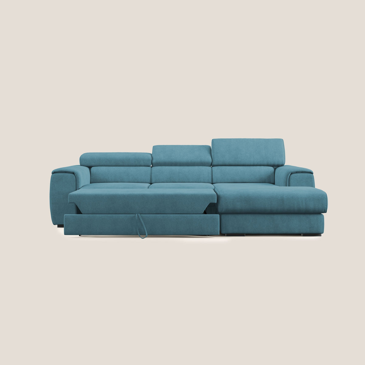 Zeno Divano angolare con pouf estraibile poggiapiedi in tessuto morbido impermeabile T02 azzurro - divitt.sbs