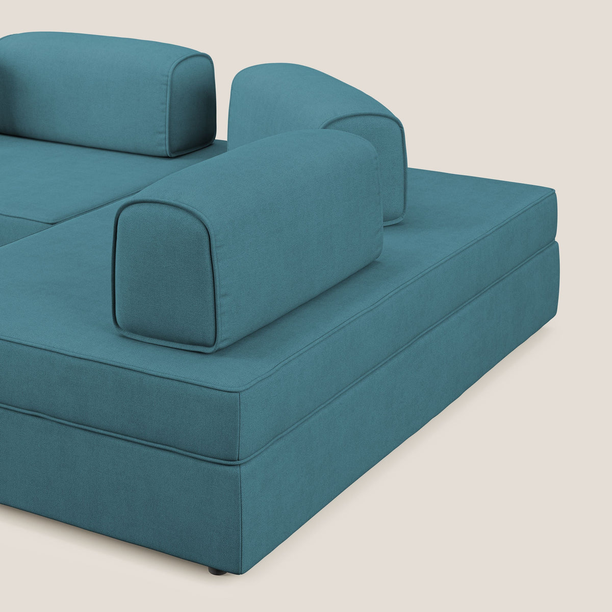 Liberty divano angolare con pouf estraibile e schienali movibili in tessuto morbido impermeabile T02 azzurro - divitt.sbs