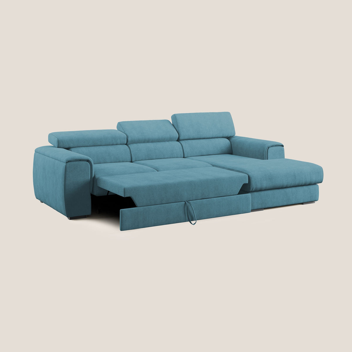 Zeno Divano angolare con pouf estraibile poggiapiedi in tessuto morbido impermeabile T02 azzurro - divitt.sbs