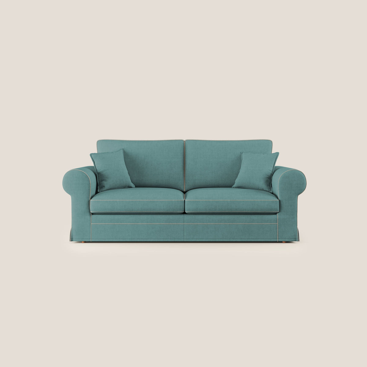 Lady divano classico bicolore in piuma d'oca realizzato con tessuto impermeabile T02 petrolio - panna - divitt.sbs