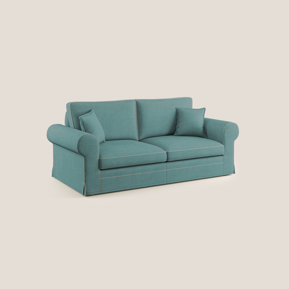 Lady divano classico bicolore in piuma d'oca realizzato con tessuto impermeabile T02 petrolio - panna - divitt.sbs
