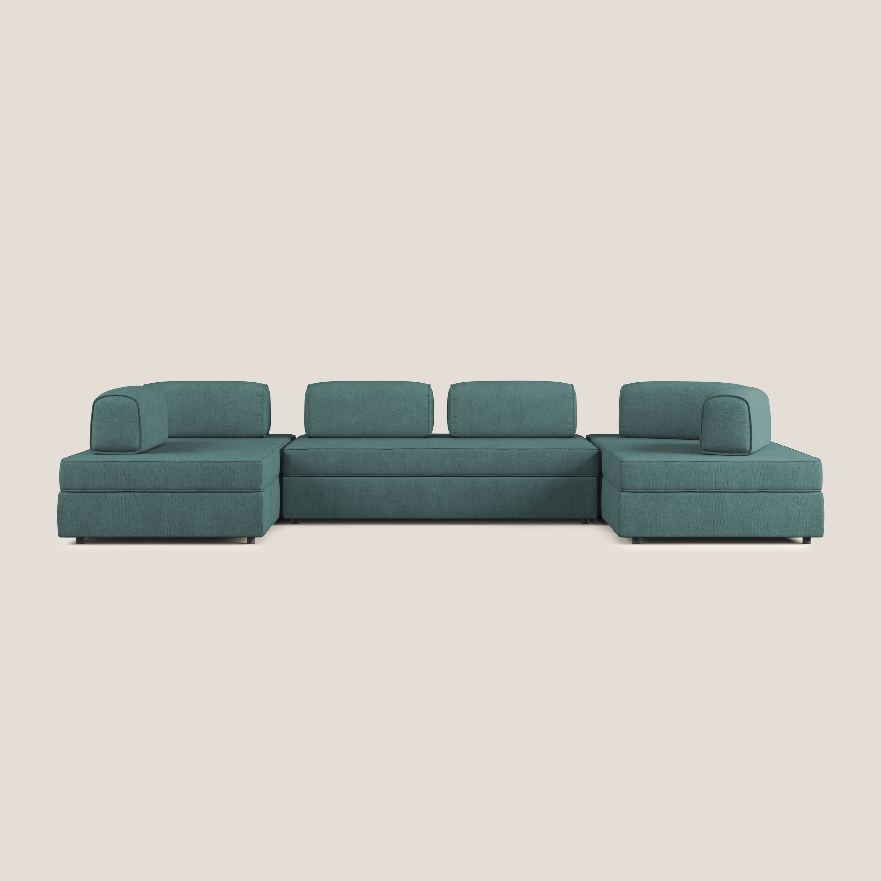 Liberty divano panoramico con pouf estraibile e schienali movibili in tessuto morbido impermeabile T02 petrolio - divitt.sbs