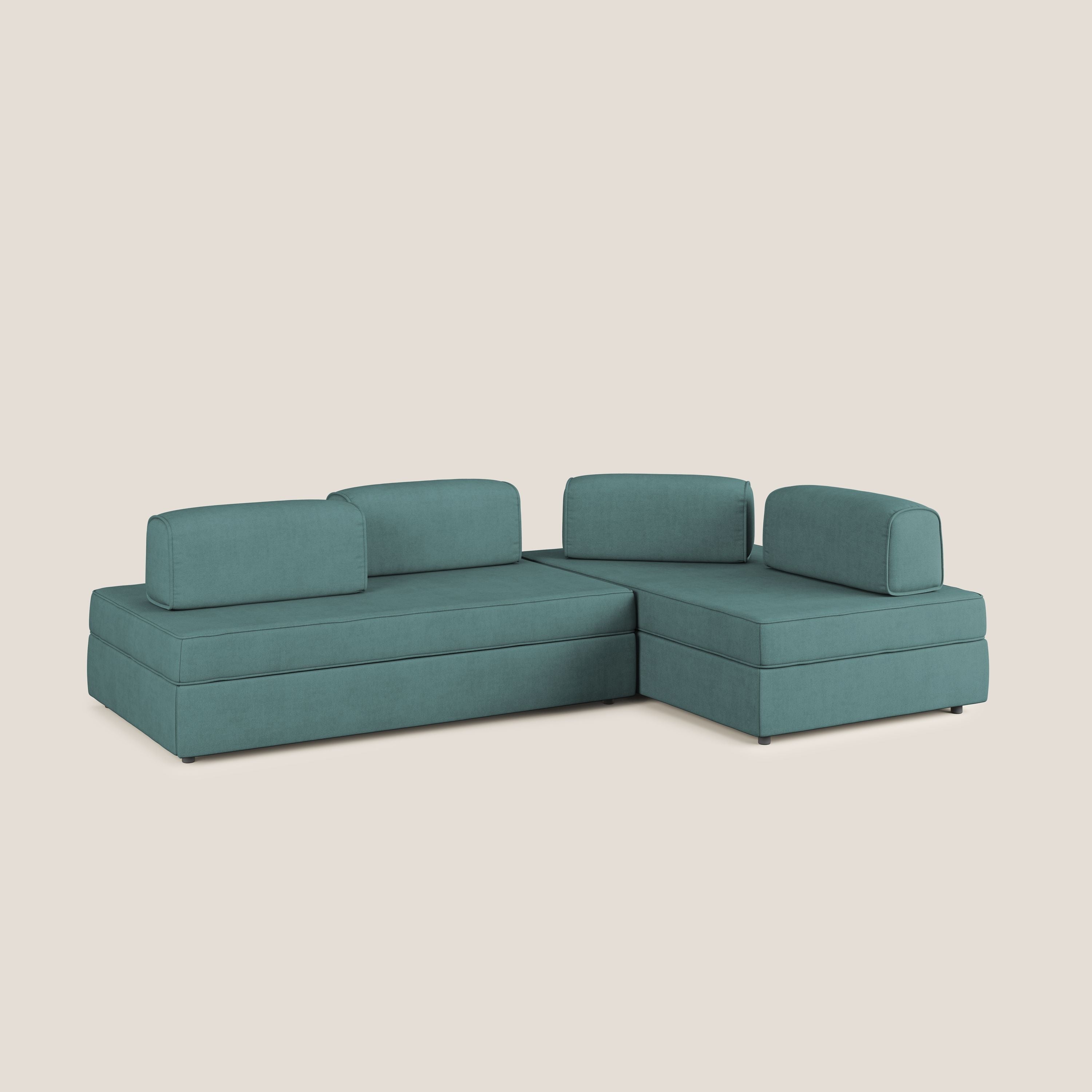 Liberty divano angolare con pouf estraibile e schienali movibili in tessuto morbido impermeabile T02 petrolio - divitt.sbs