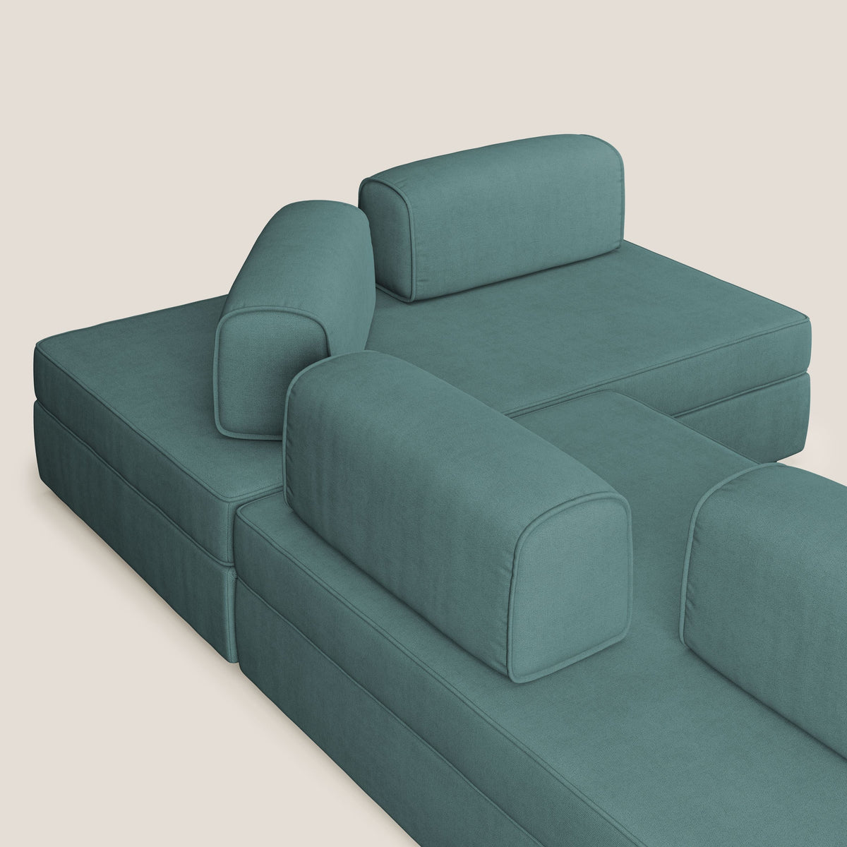 Liberty divano angolare con pouf estraibile e schienali movibili in tessuto morbido impermeabile T02 petrolio - divitt.sbs