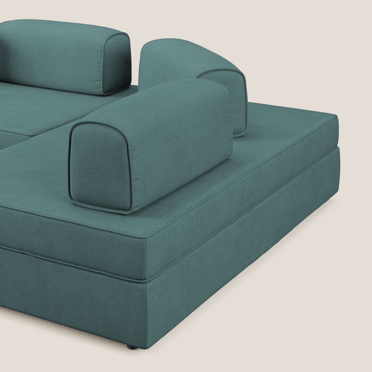Liberty divano angolare con pouf estraibile e schienali movibili in tessuto morbido impermeabile T02 petrolio - divitt.sbs