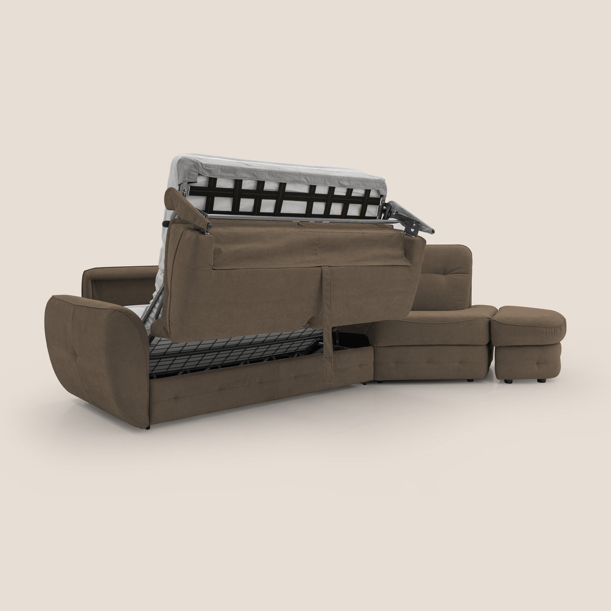 Zeus divano letto angolare con materasso H18 cm pouf mobile in tessuto impermeabile T02 marrone - divitt.sbs