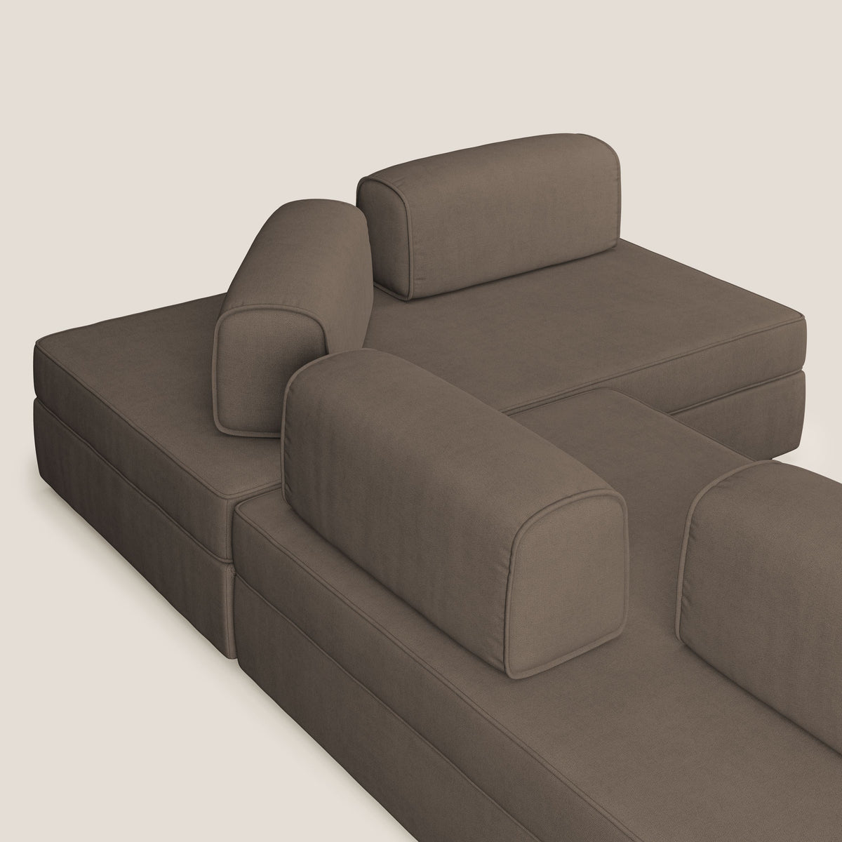 Liberty divano angolare con pouf estraibile e schienali movibili in tessuto morbido impermeabile T02 marrone - divitt.sbs