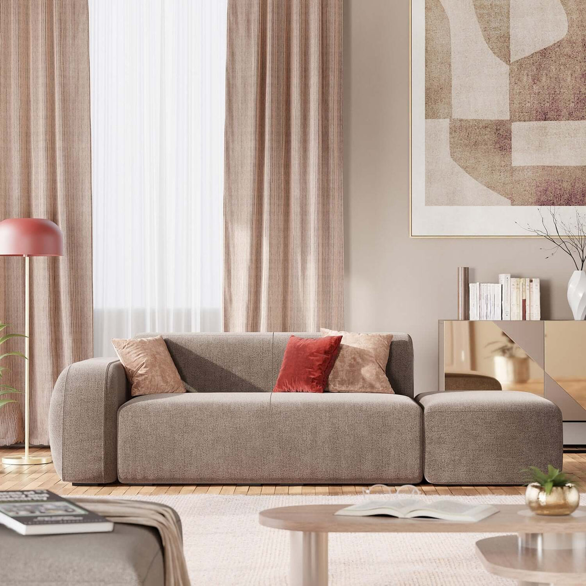 BonBon Divano modulare componibile – Composizione con pouf terminale in tessuto smacchiabile T23 talpa - divitt.sbs