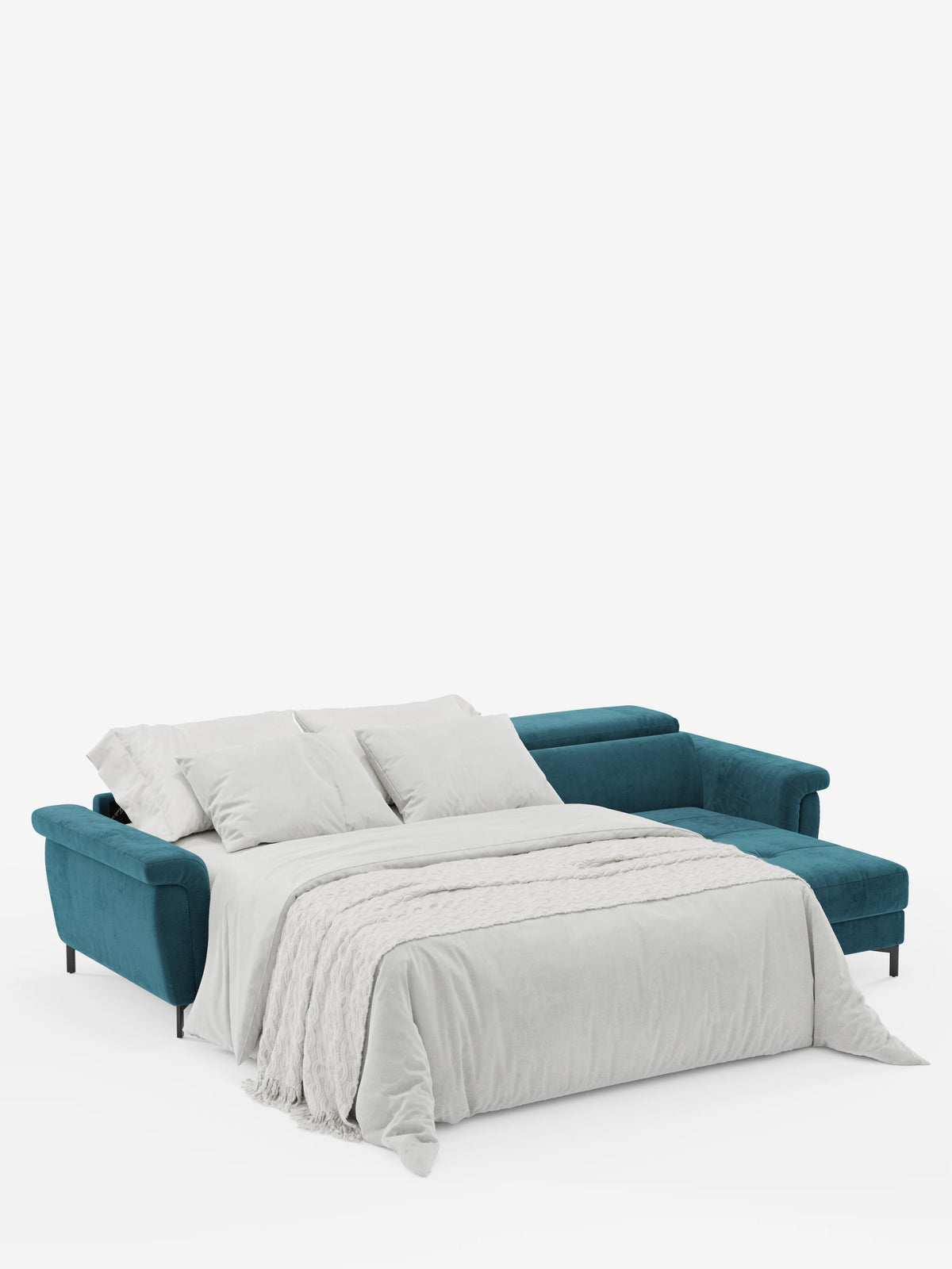 Il divano letto angolare Capri con penisola contenitore e poggiatesta reclinabili di divitt.sbs, rivestito in un elegante tessuto T30 color verde acqua resistente alle macchie, si trasforma in un letto con un piumone beige chiaro e due cuscini disposti contro lo schienale. Sullo sfondo bianco a tinta unita, il design moderno e accogliente di questo divano letto con penisola risalta ancora di più.