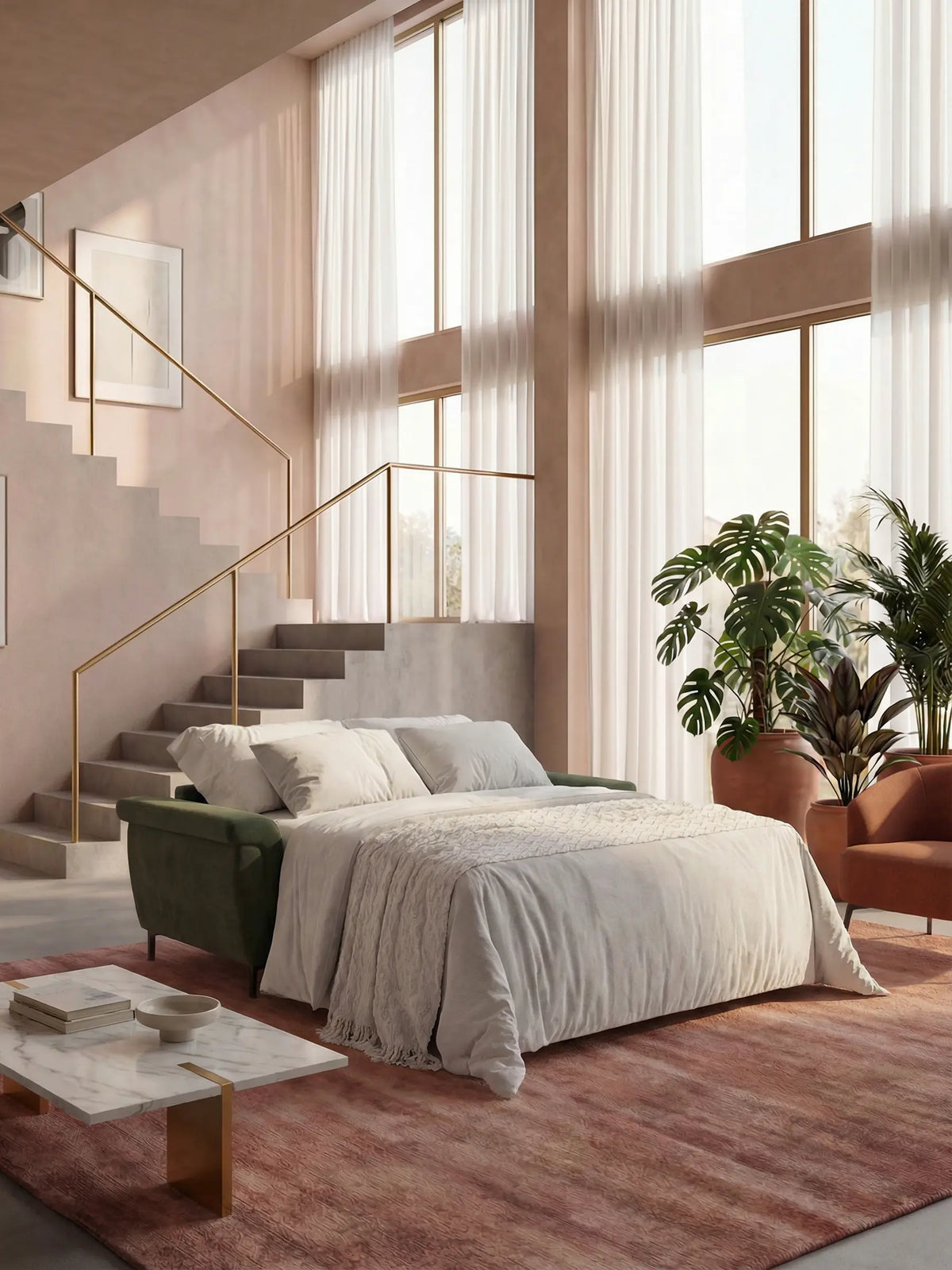 Capri divano letto di design con piedini alti - poggiatesta reclinabili in raffinato tessuto effetto velluto smacchiabile T30