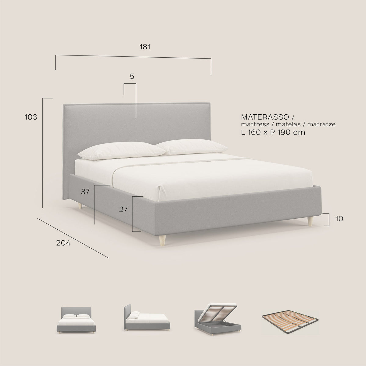 Costanza letto contenitore e sfoderabile in tessuto misto cotone impermeabile T13 antracite - divitt.sbs