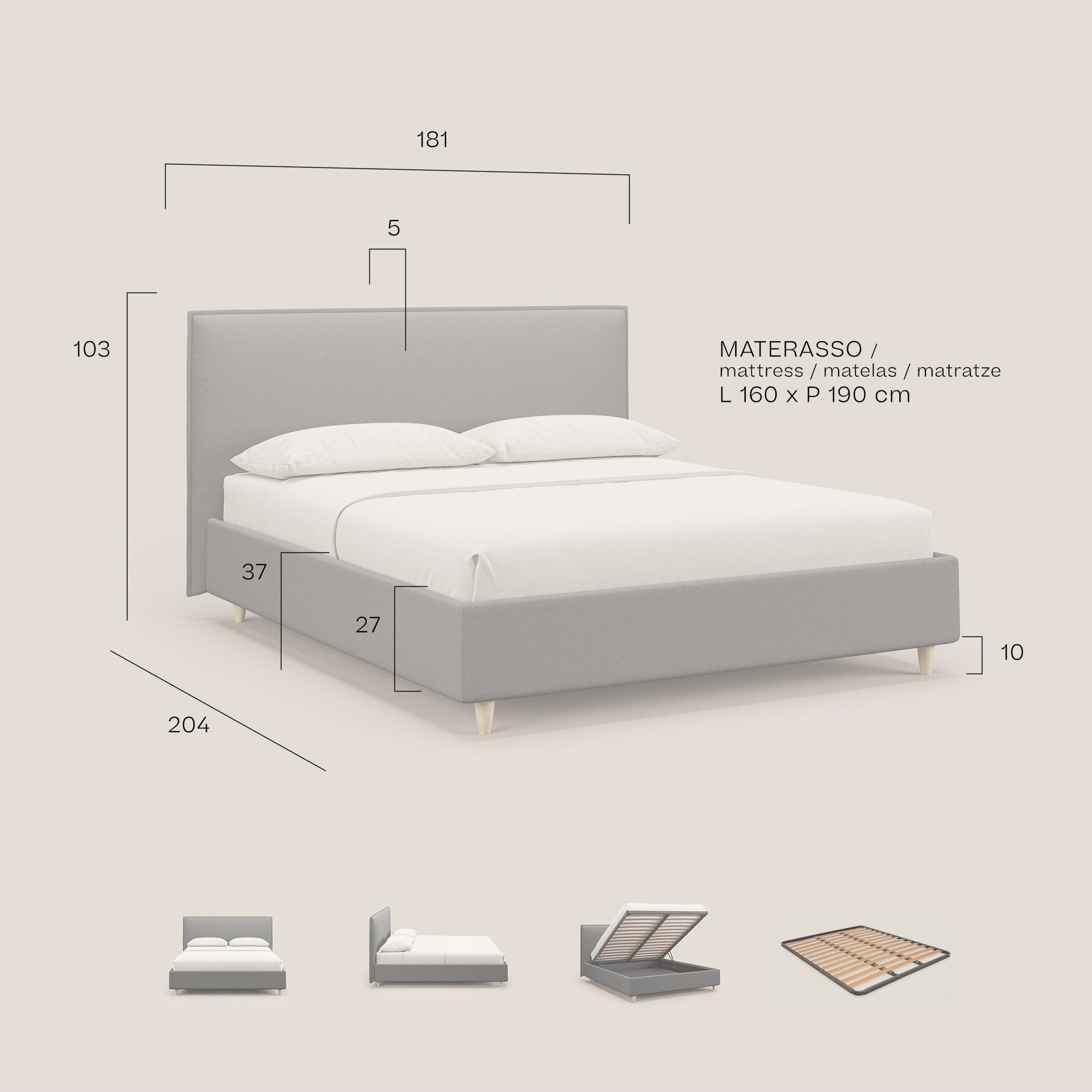 Costanza letto contenitore e sfoderabile in tessuto misto cotone impermeabile T13 beige - divitt.sbs
