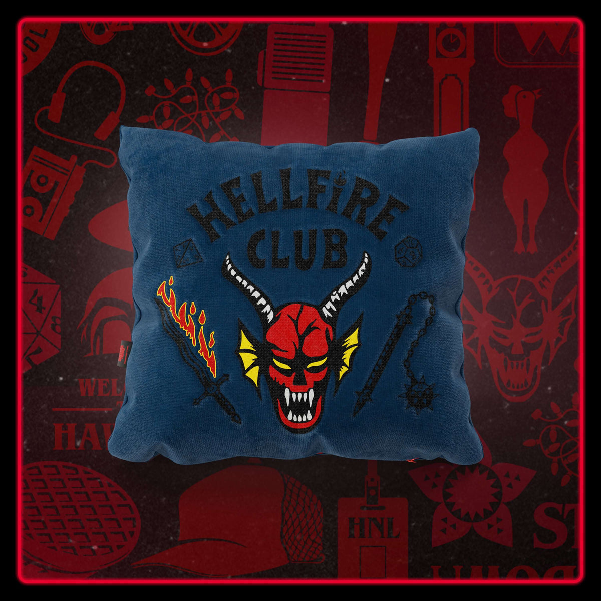 Cuscino Hellfire club stranger things Limited Edition con Ricamo – tessuto smacchiabile 45x45 blu - divitt.sbs