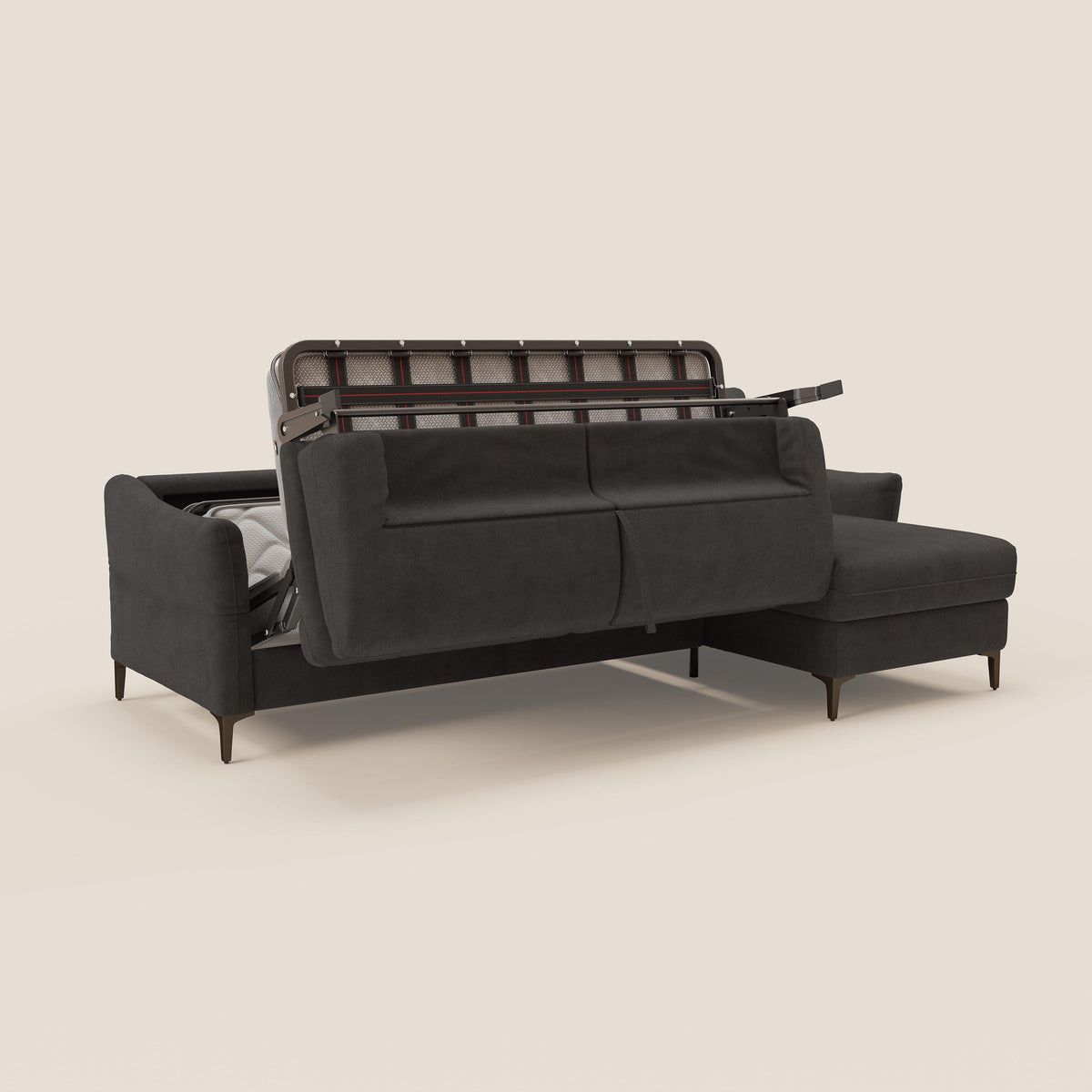 Dalia divano letto angolare con materasso alto 18 cm piedini alti e penisola contenitore in tessuto smacchiabile T17 antracite - divitt.sbs