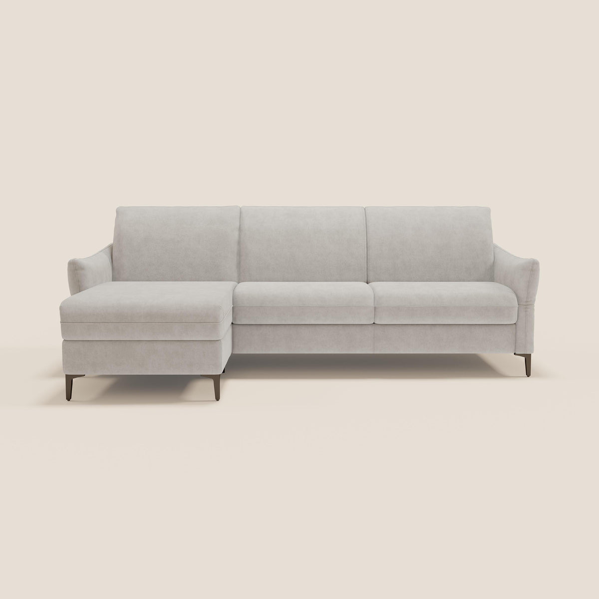 Dalia divano letto angolare con materasso alto 18 cm piedini alti e penisola contenitore in tessuto smacchiabile T17 bianco - divitt.sbs
