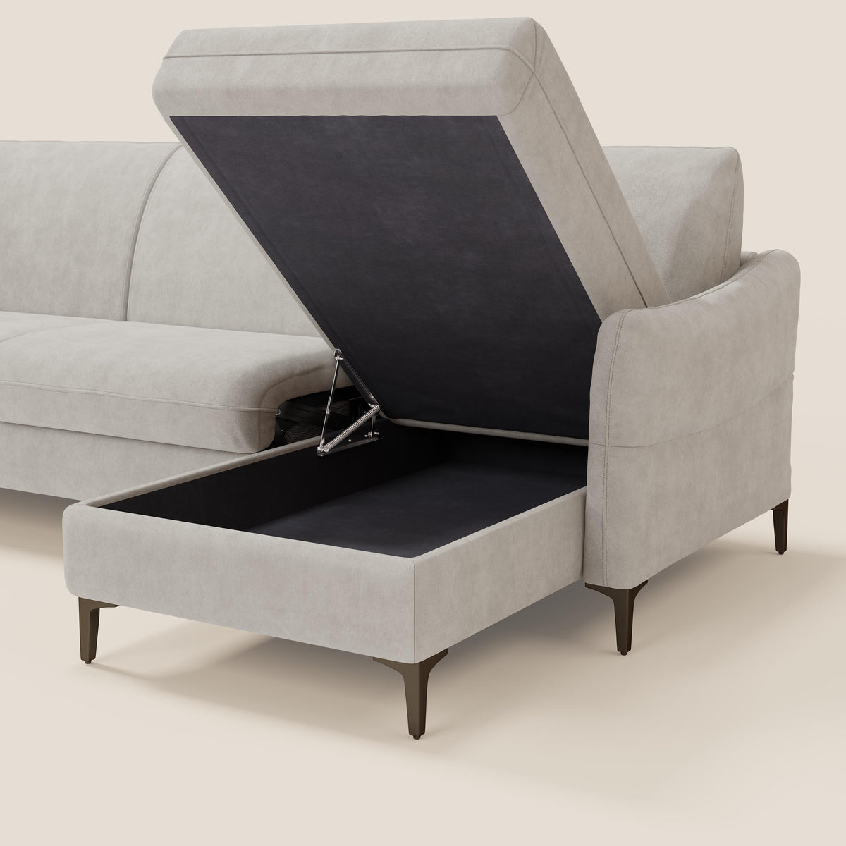 Dalia divano letto angolare con materasso alto 18 cm piedini alti e penisola contenitore in tessuto smacchiabile T17 bianco - divitt.sbs