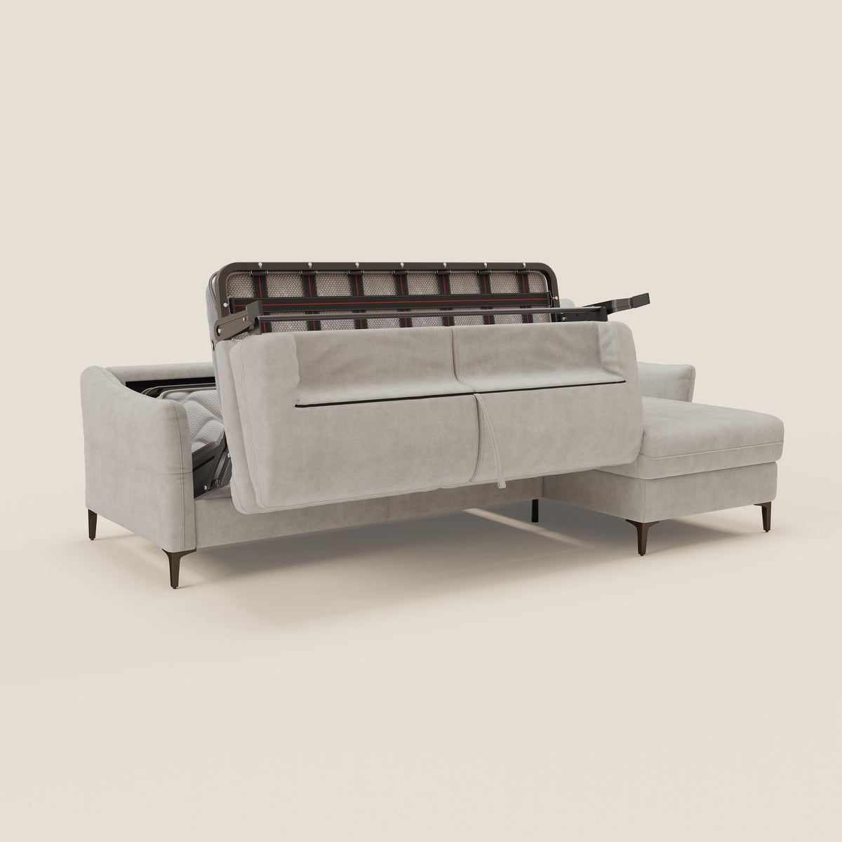 Dalia divano letto angolare con materasso alto 18 cm piedini alti e penisola contenitore in tessuto smacchiabile T17 bianco - divitt.sbs