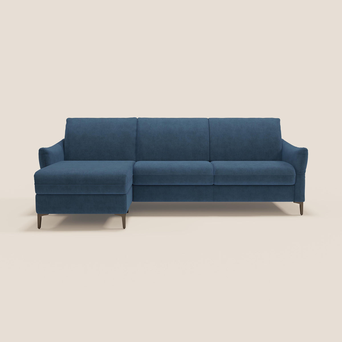 Dalia divano letto angolare con materasso alto 18 cm piedini alti e penisola contenitore in tessuto smacchiabile T17 blu - divitt.sbs