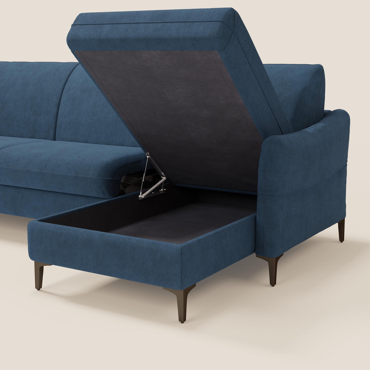 Dalia divano letto angolare con materasso alto 18 cm piedini alti e penisola contenitore in tessuto smacchiabile T17 - divitt.sbs